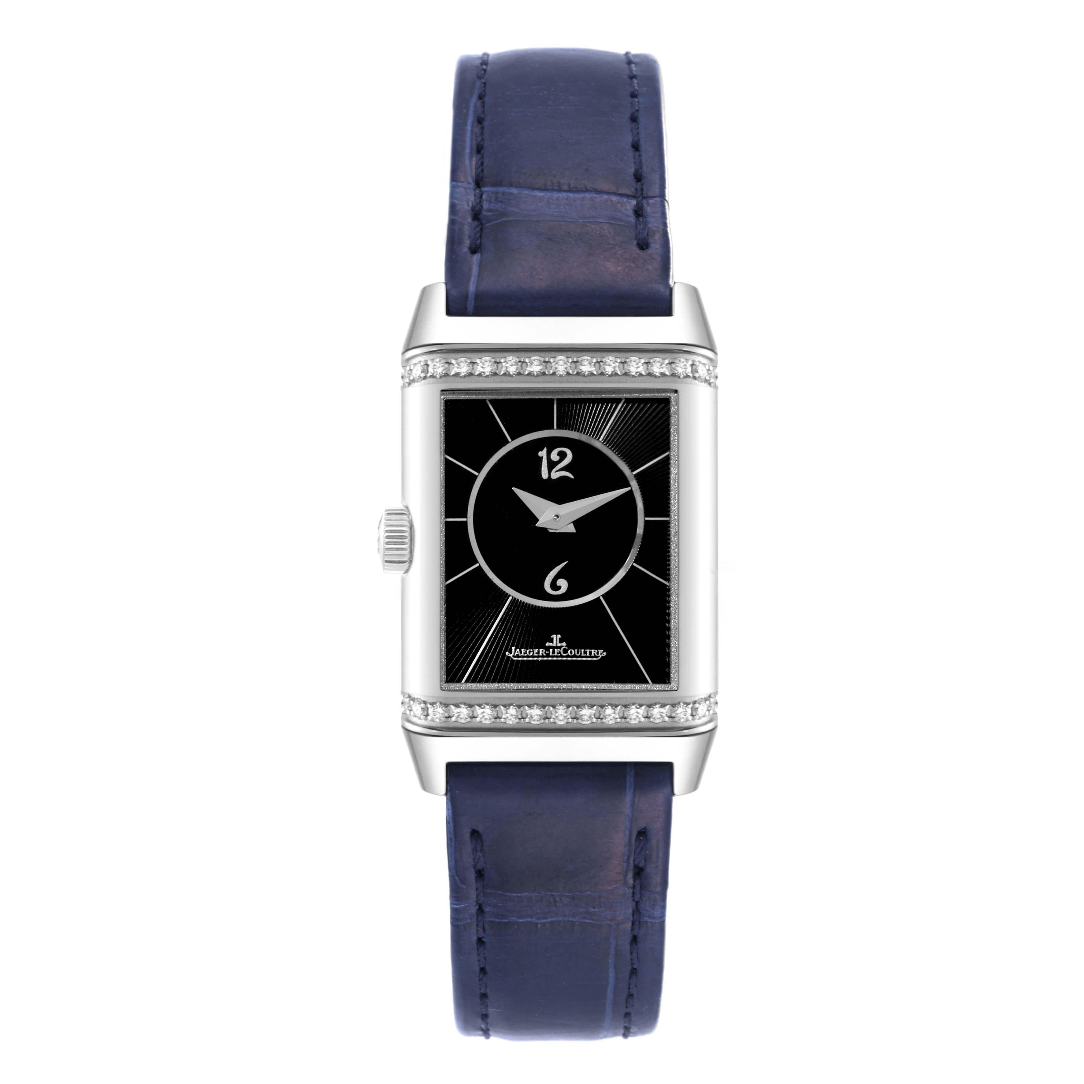 Jaeger LeCoultre Reverso Duetto Steel Diamond Ladies Watch 211.8.44 Q2668432 Box Card. Manual winding movement. Stainless steel 21.0 x 34.2 mm case rectangular case with reeded ends, rotating within its back plate. Stainless steel reeded bezel on