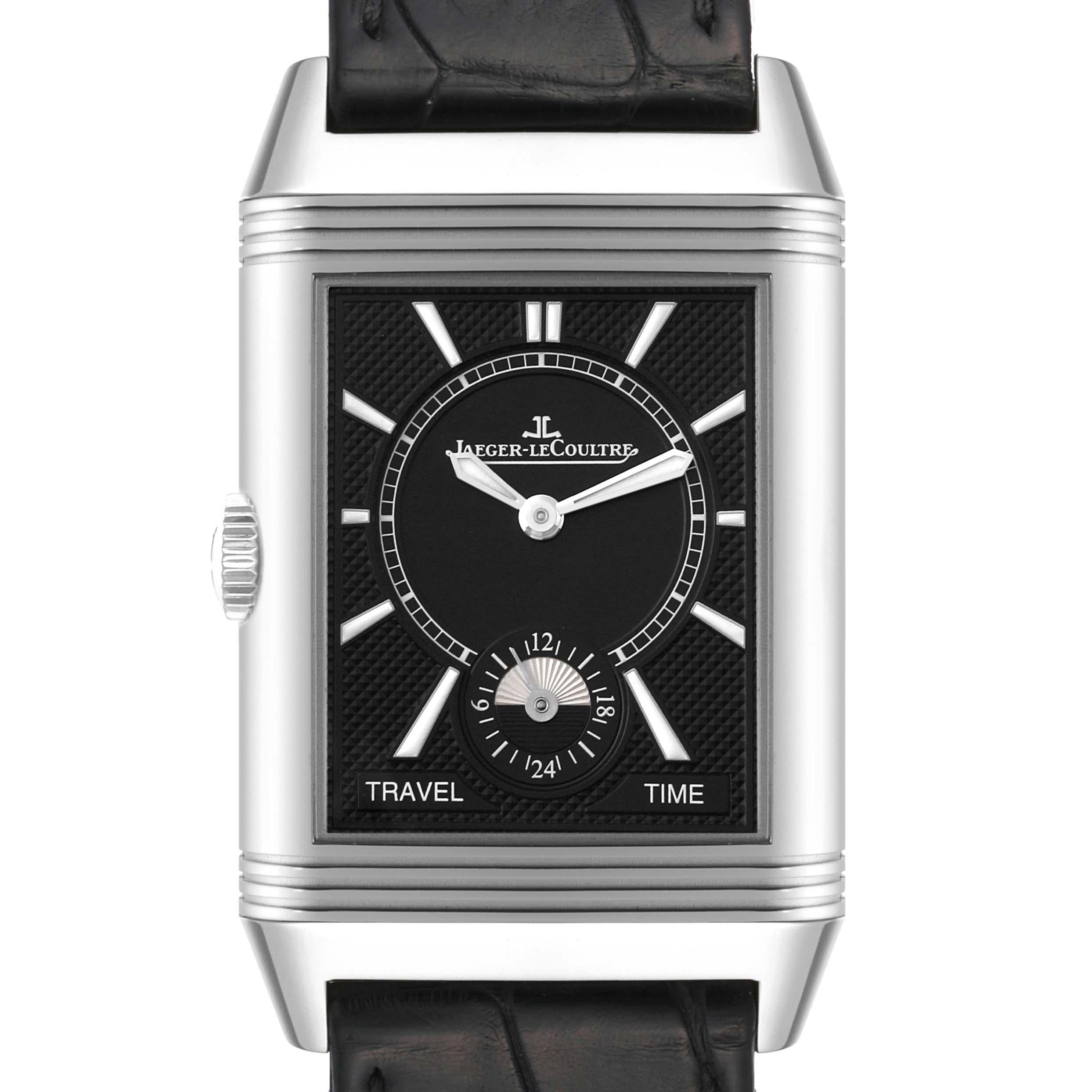 Jaeger LeCoultre Reverso Duo Day Night Steel Mens Watch 215.8.D4 Q3848420 Card. Manual winding movement. Stainless steel five-body 47 mm x 28.3 mm rectangular rotating case. Stainless steel reeded bezel. Scratch resistant sapphire crystal. (1)