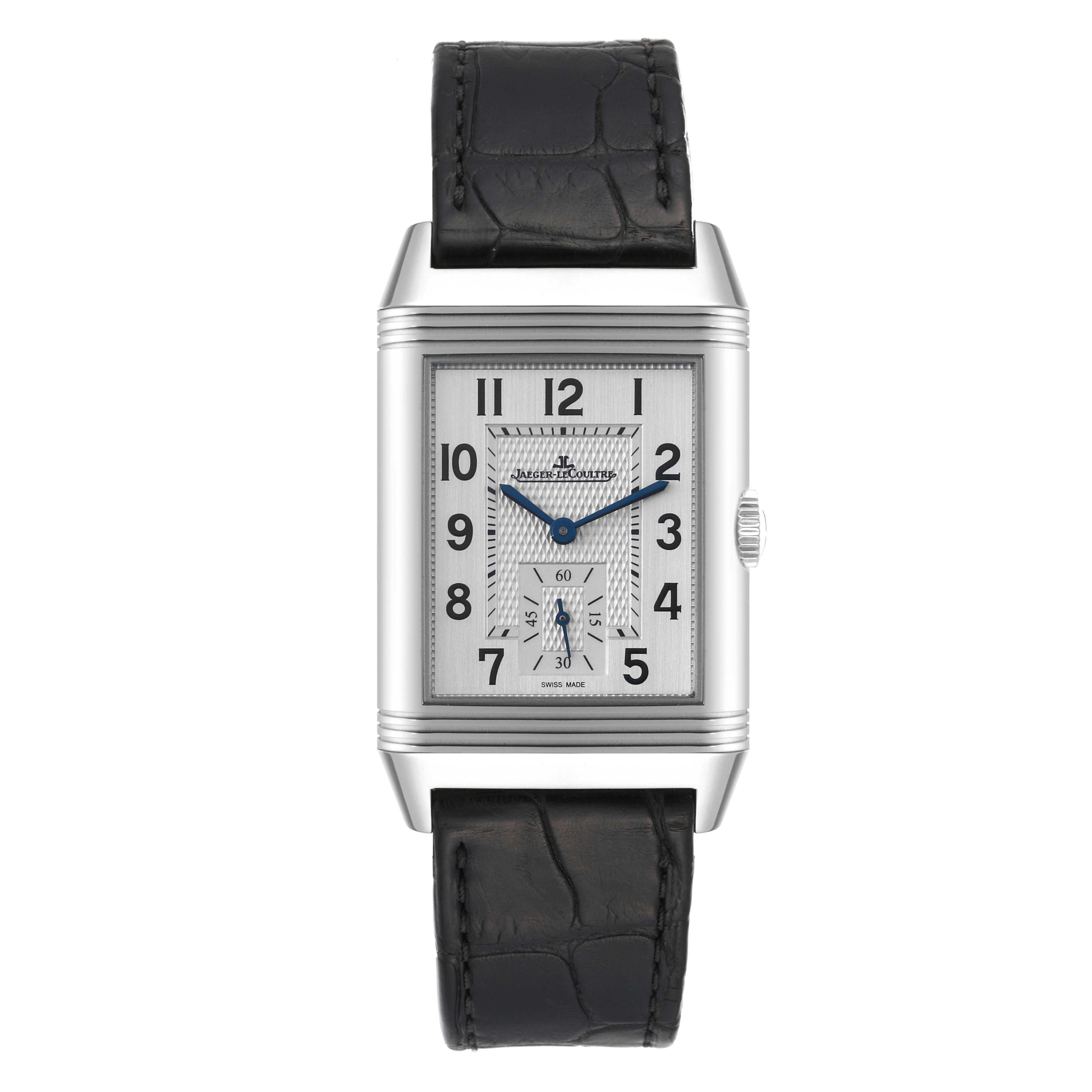 Jaeger LeCoultre Reverso Duo Day Night Steel Mens Watch 215.8.D4 Q3848420 Card In Excellent Condition In Atlanta, GA