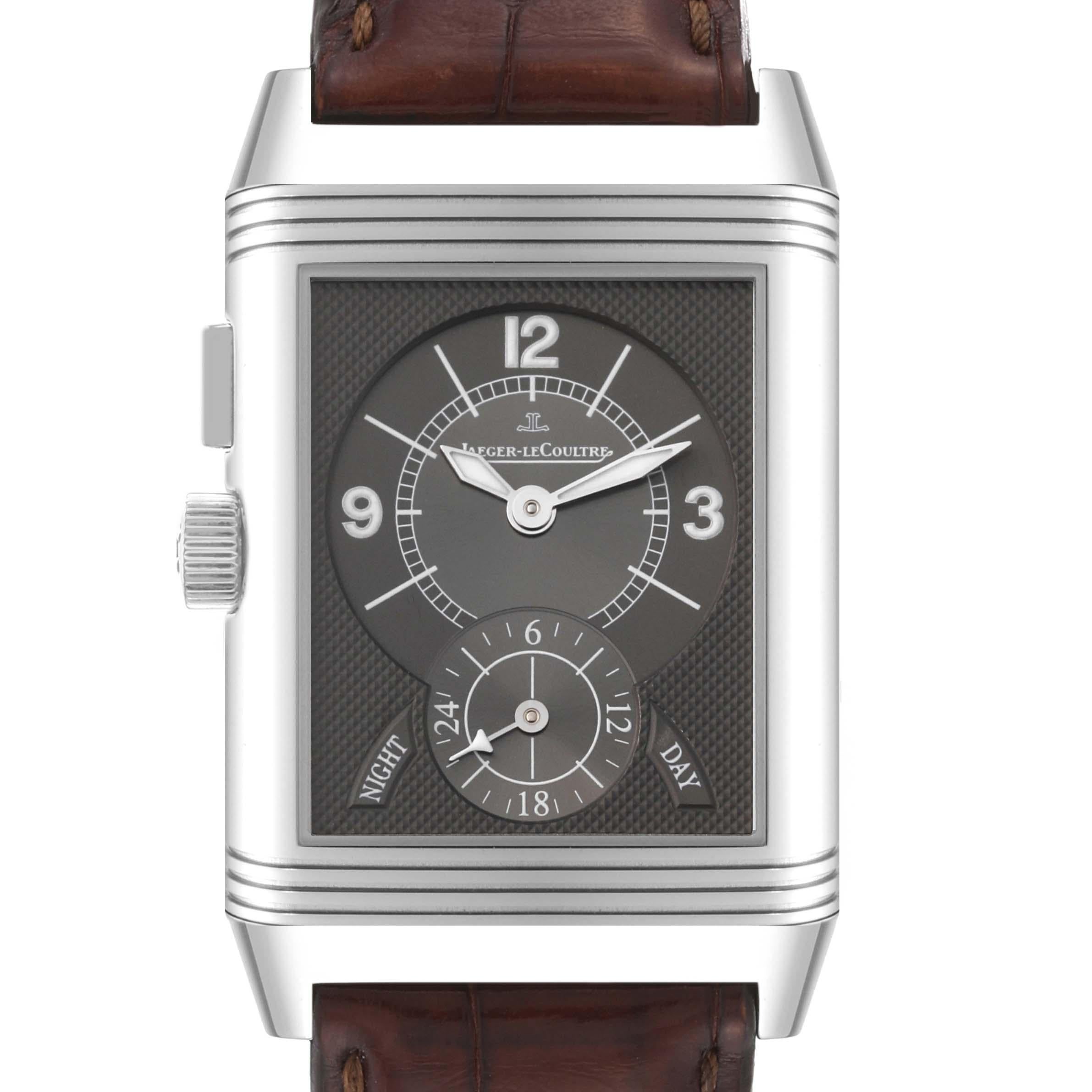 Jaeger LeCoultre Reverso Duo Day Night Steel Mens Watch 272.8.54 Q2718410. Manual winding movement. Stainless steel five-body 42 mm x 26 mm rectangular rotating case. Stainless steel reeded bezel. Scratch resistant sapphire crystal. (1) Silver dial