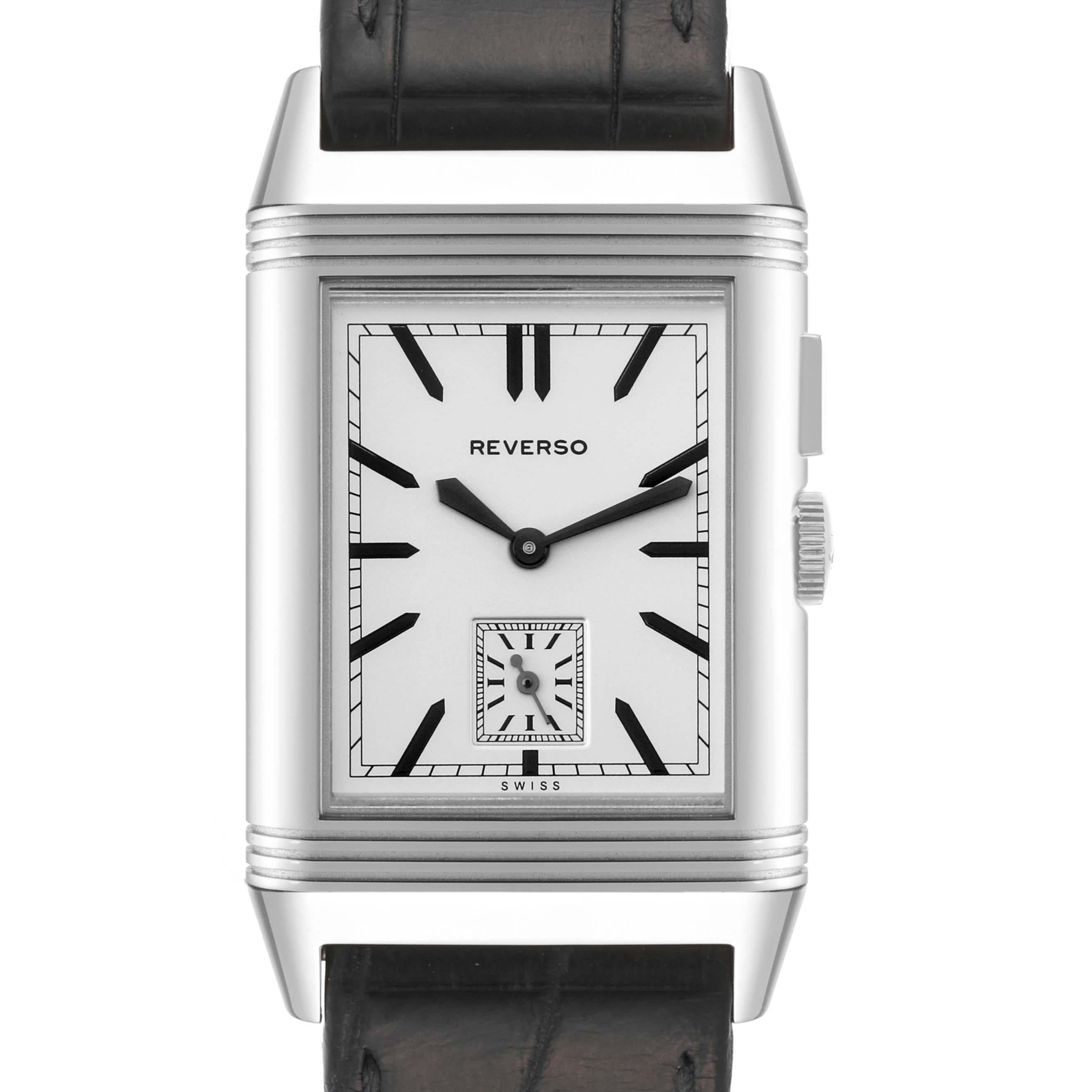 Jaeger LeCoultre Reverso Duo Day Night Steel Mens Watch 278.8.54 Q3788570. Manual winding movement. Stainless steel rectangular rotating case, 46.8 mm x 27.4 mm. Push button on the side of the case for second time zone. Stainless steel reeded bezel.