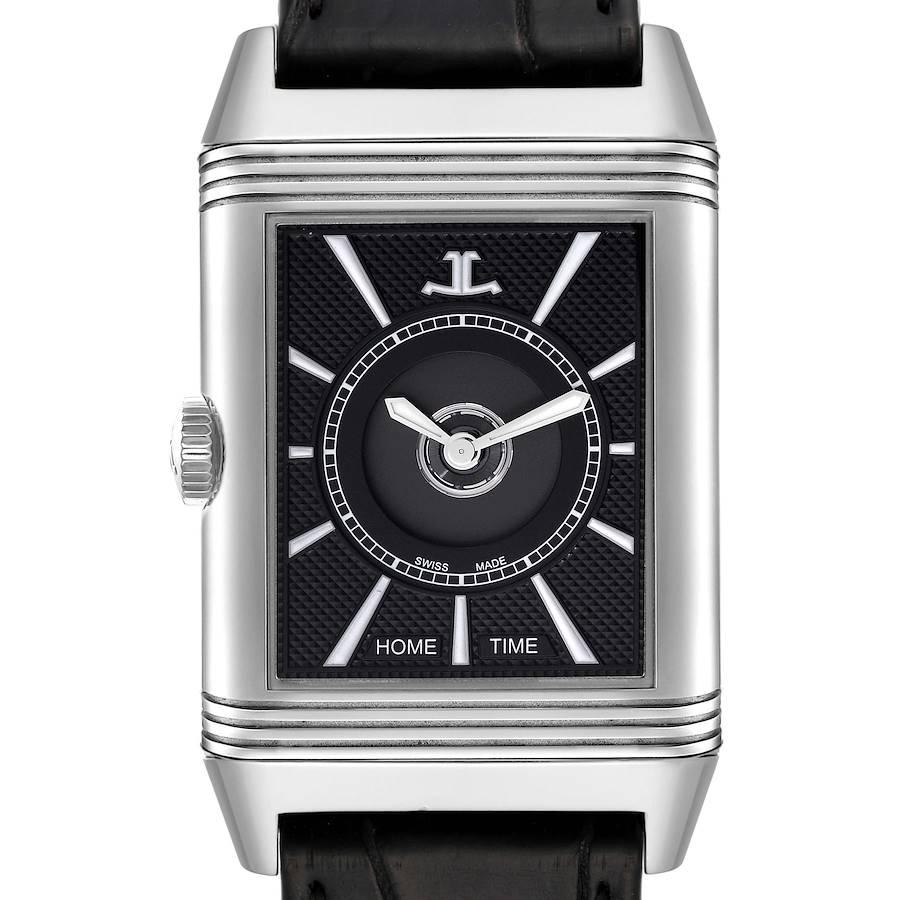 Jaeger LeCoultre Reverso Duo Day Night Steel Watch 215.8.S9 Q3838420 Box Papers. Automatic self-winding movement. Stainless steel five-body 47 mm x 28.3 mm rectangular rotating case. Stainless steel reeded bezel. Scratch resistant sapphire crystal.