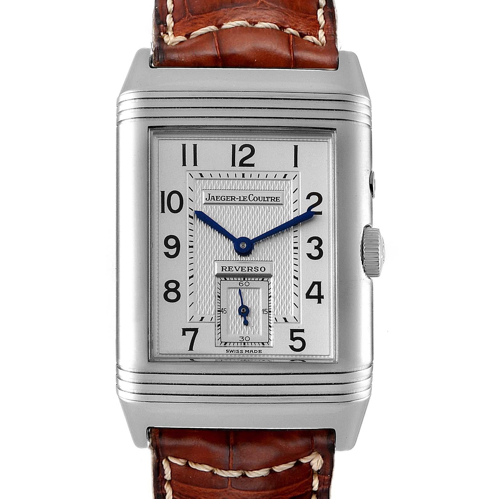 Jaeger LeCoultre Reverso Duo Day Night Steel Watch 270.8.54 Q270854. Manual winding movement. Stainless steel five-body 42.0 x 26.5 mm case rectangular rotating case. Push button on the case band for second time zone. Stainless steel reeded bezel.