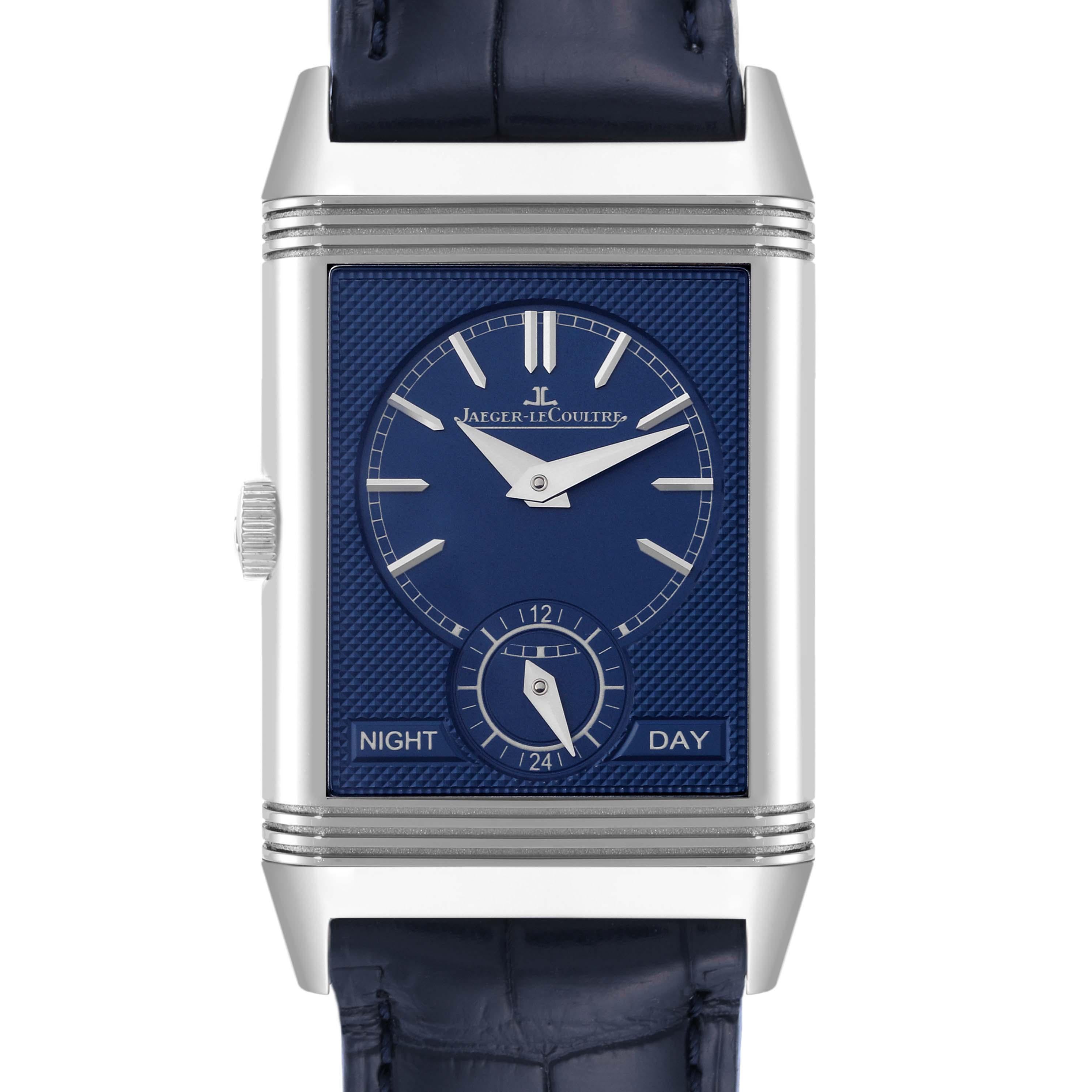Jaeger LeCoultre Reverso Duo Tribute Steel Mens Watch 213.8.D4 Q3908420. Automatic self-winding movement. Stainless steel five-body 42.9 x 25.5 mm rectangular rotating case. Case thickness: 9.2 mm. Stainless steel reeded bezel. Scratch resistant