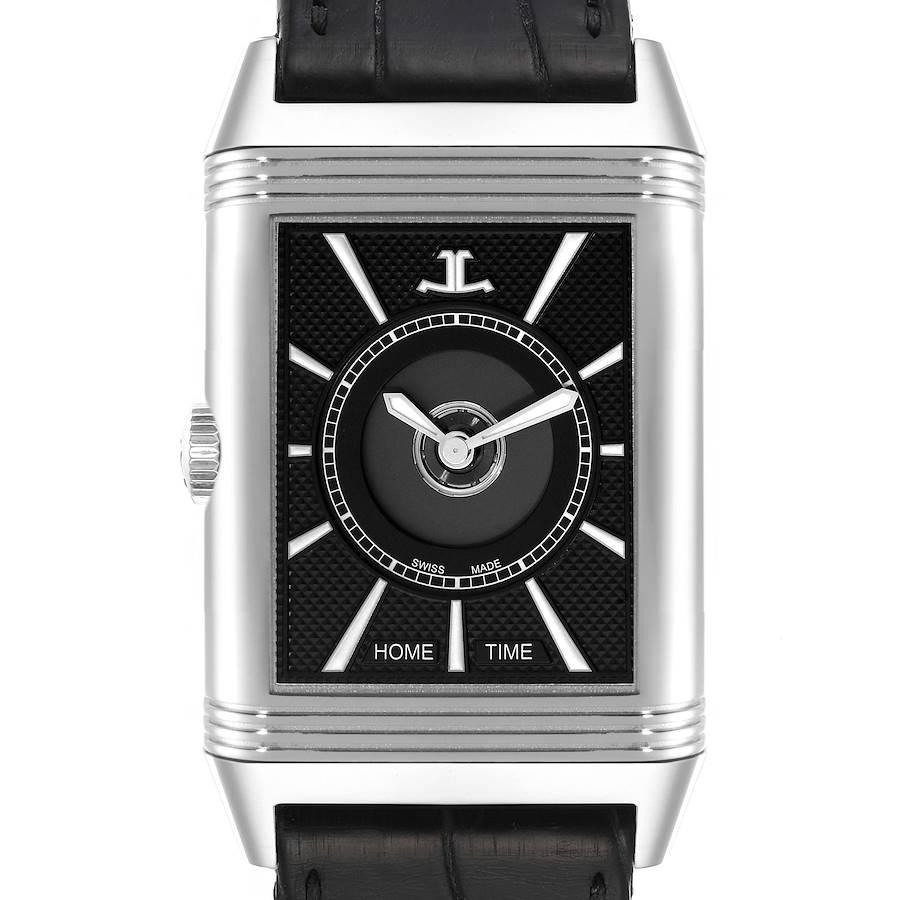 Jaeger-LeCoultre Reverso Duoface Tag Nacht Stahl Herrenuhr 215.8.S9 Q3838420. Automatisches Uhrwerk mit Automatikaufzug und Dualzeitfunktion. Rechteckiges, drehbares Gehäuse aus Edelstahl mit fünf Gehäusen, 47 mm x 28,3 mm. Riffelblechlünette aus