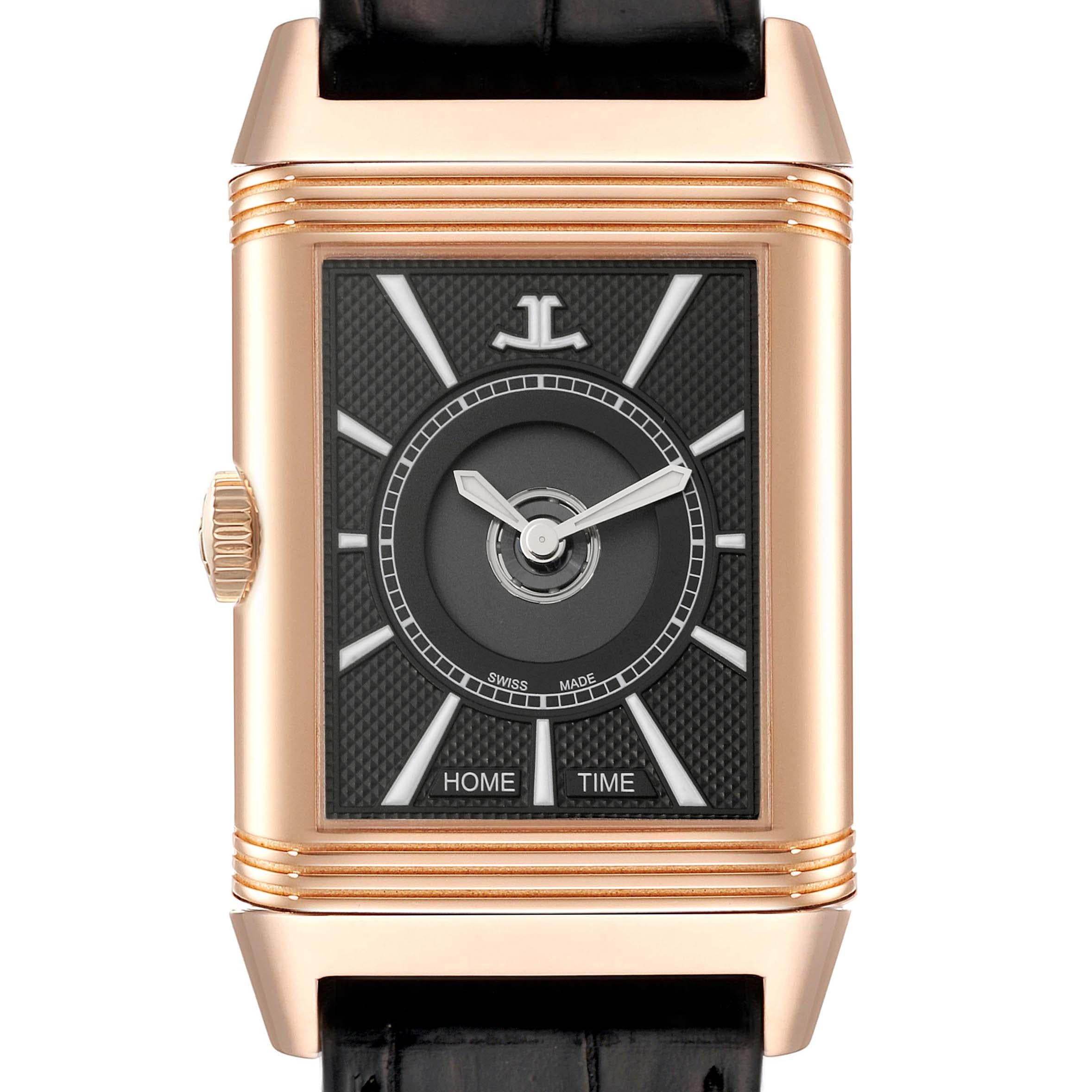 Jaeger LeCoultre Reverso Duoface Rose Gold Mens Watch 215.2.S9 Q3832420 Card. Automatic self-winding movement with dual time function. 18k rose gold 47 mm x 28.3 mm rectangular rotating case. 18k rose gold reeded bezel. Scratch resistant sapphire
