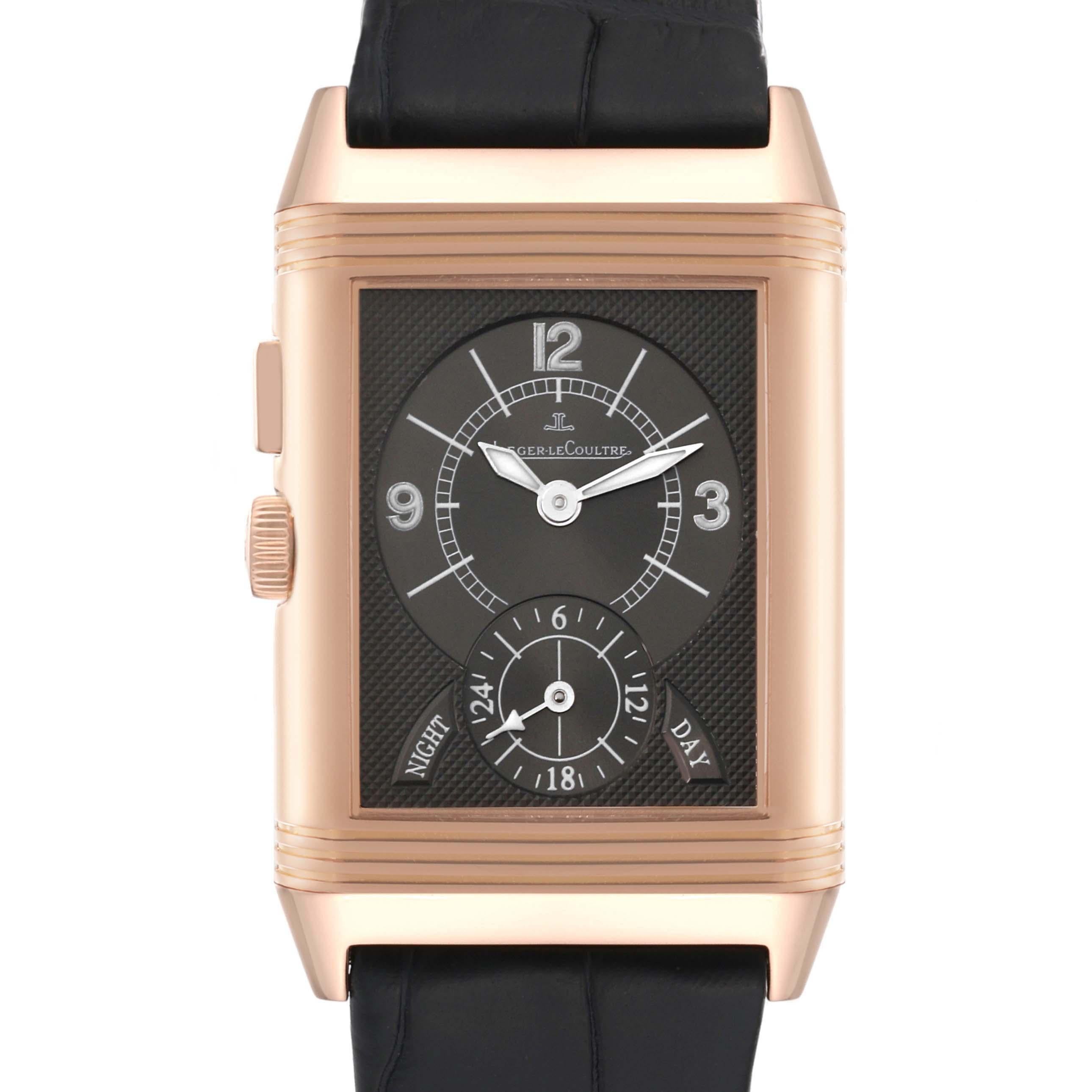 Jaeger LeCoultre Reverso Duoface Rose Gold Mens Watch 272.2.54 Q2712410. Manual winding movement. 18K rose gold 42.2 x 26.0 mm rectangular rotating case. Dual time jump hour button on the side of the case. 18K rose gold ribbed bezel. Scratch