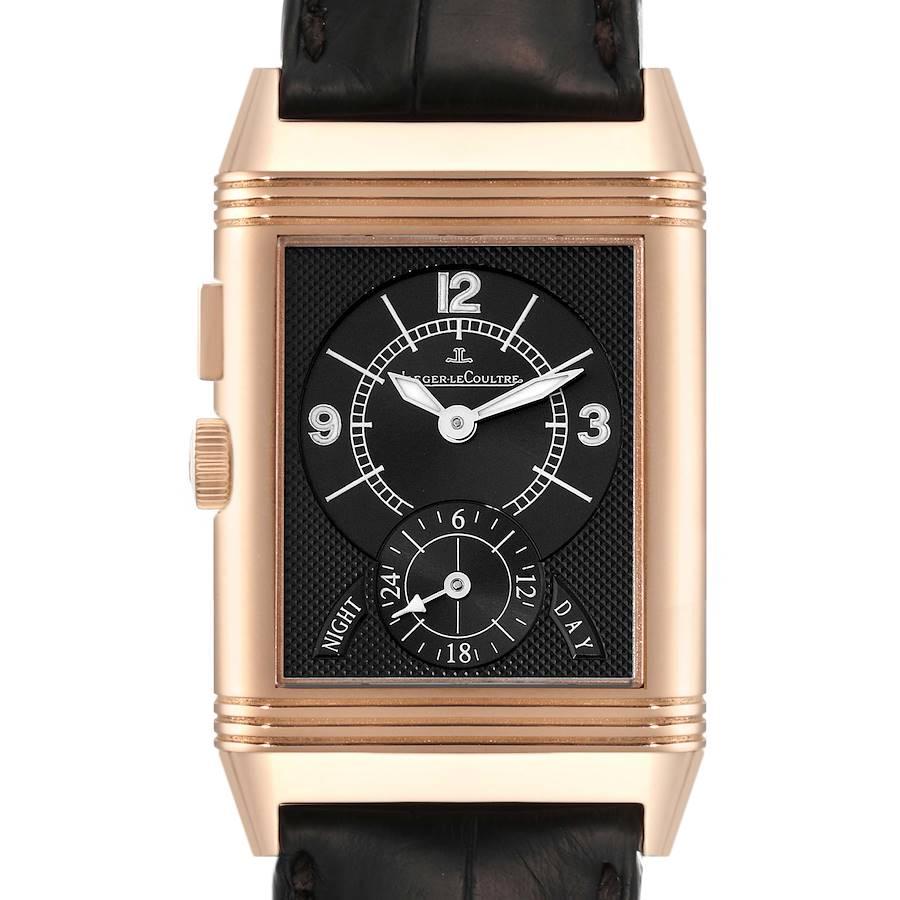 Jaeger LeCoultre Reverso Duoface Rose Gold Watch 272.2.54 Q2712410 Box Papers. Manual winding movement. 18K rose gold 42.2 x 26.0 mm rectangular rotating case. Dual time jump hour button on the side of the case. 18K rose gold ribbed bezel. Scratch
