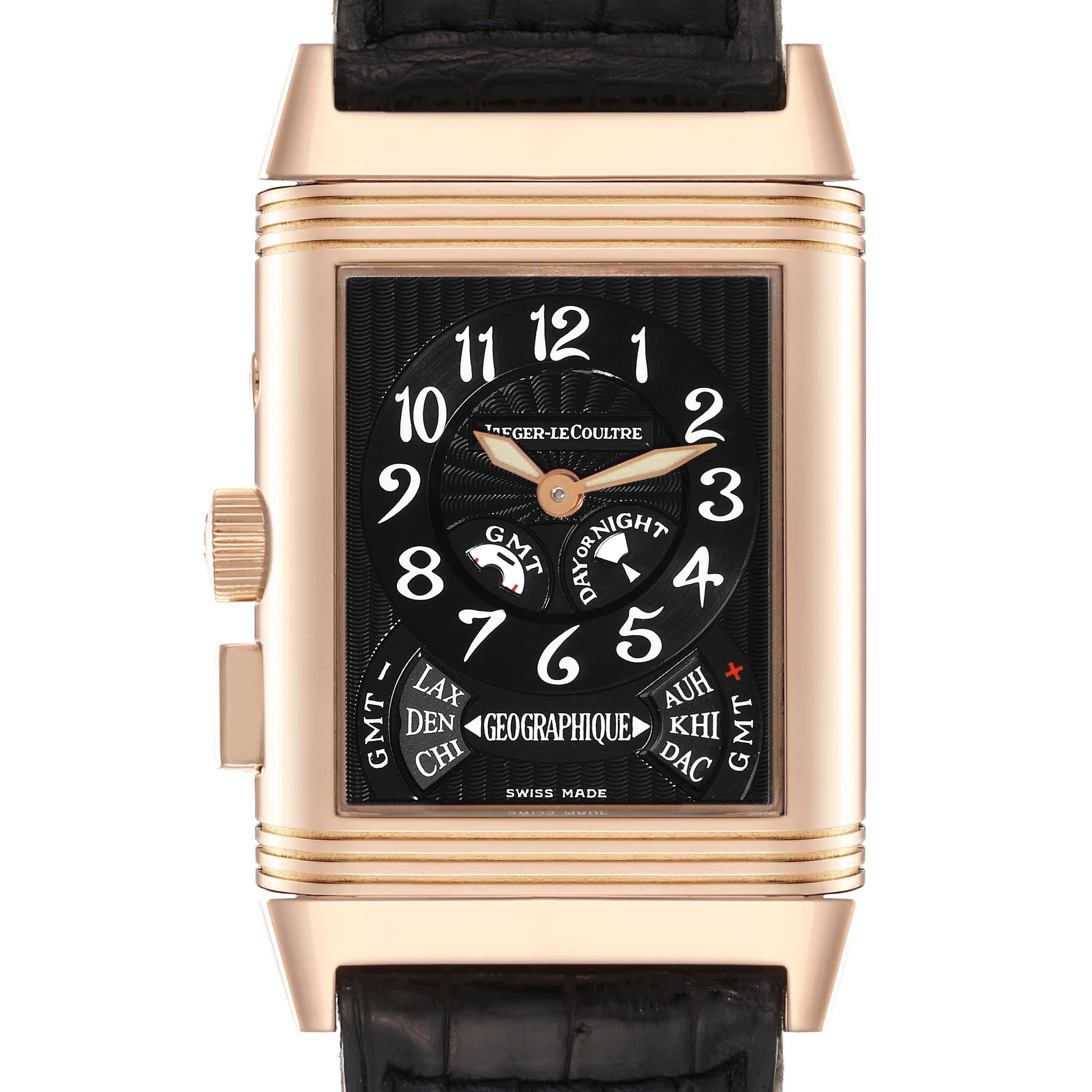 Jaeger LeCoultre Reverso Geographique LE Rose Gold Watch 270.2.582B Box Papers. Manual winding movement. 18K rose gold 36.6 x 26.1 mm rectangular rotating case. Dual time jump hour button on the side of the case. 18K rose gold ribbed bezel. Scratch