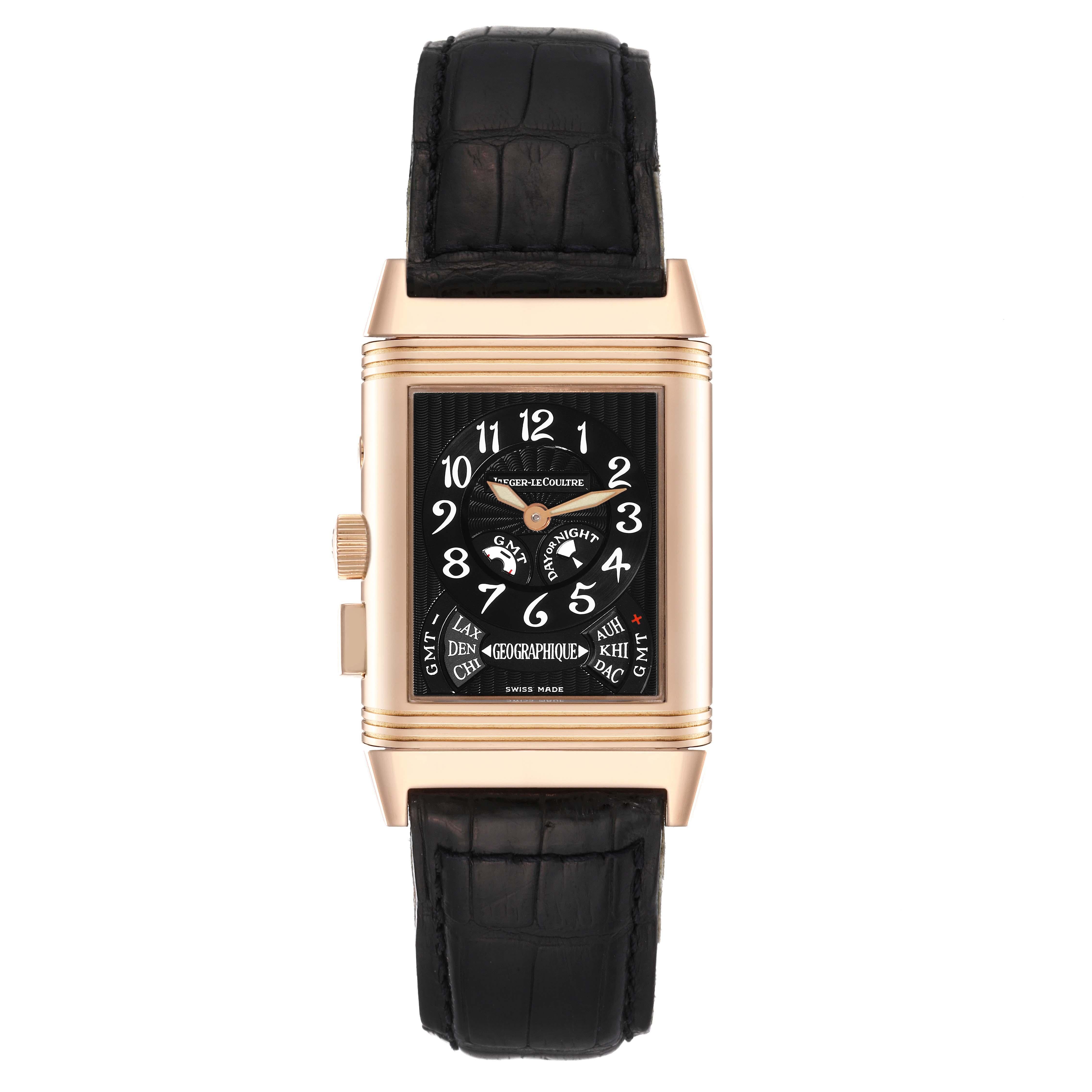 Jaeger LeCoultre Reverso Geographique LE Rose Gold Watch 270.2.582B Box Papers In Excellent Condition In Atlanta, GA