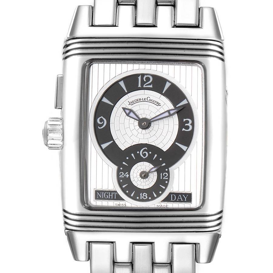 Jaeger LeCoultre Reverso Gran Sport Duo Face Mens Watch 295.8.51 Box Papers. Manual winding movement. Stainless steel 28.0 x 43 mm case rectangular case with reeded ends, rotating within its back plate. Stainless steel reeded bezel. Scratch