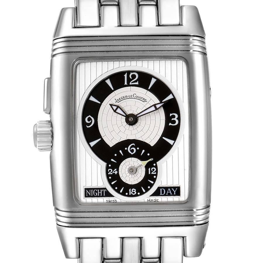 Jaeger LeCoultre Reverso Gran Sport Duo Face Mens Watch 295.8.51. Manual winding movement. Stainless steel 28.0 x 43 mm case rectangular case with reeded ends, rotating within its back plate. Stainless steel reeded bezel. Scratch resistant sapphire
