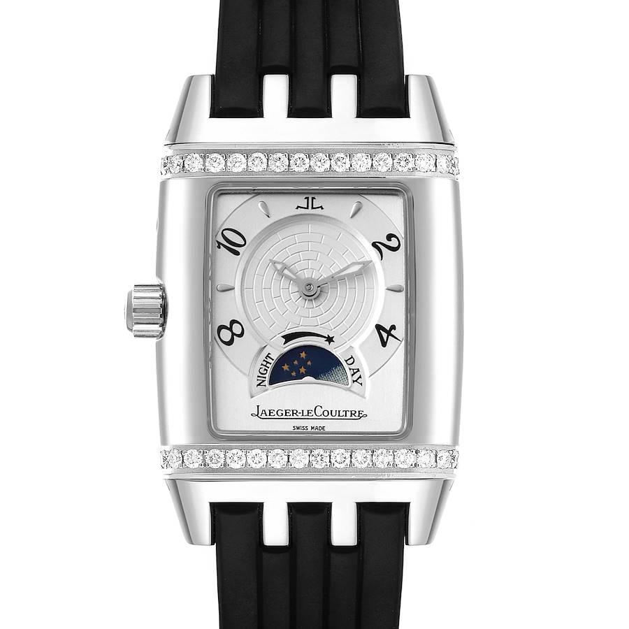 Jaeger-LeCoultre Reverso Gran Sport Duo Face Steel Diamond Damenuhr 296.8.74. Uhrwerk mit Handaufzug. Rechteckiges Gehäuse aus Edelstahl 25,0 x 38,5 mm mit geriffelten Enden, drehbar in der Bodenplatte. Vorderseite mit geriffelter Lünette aus