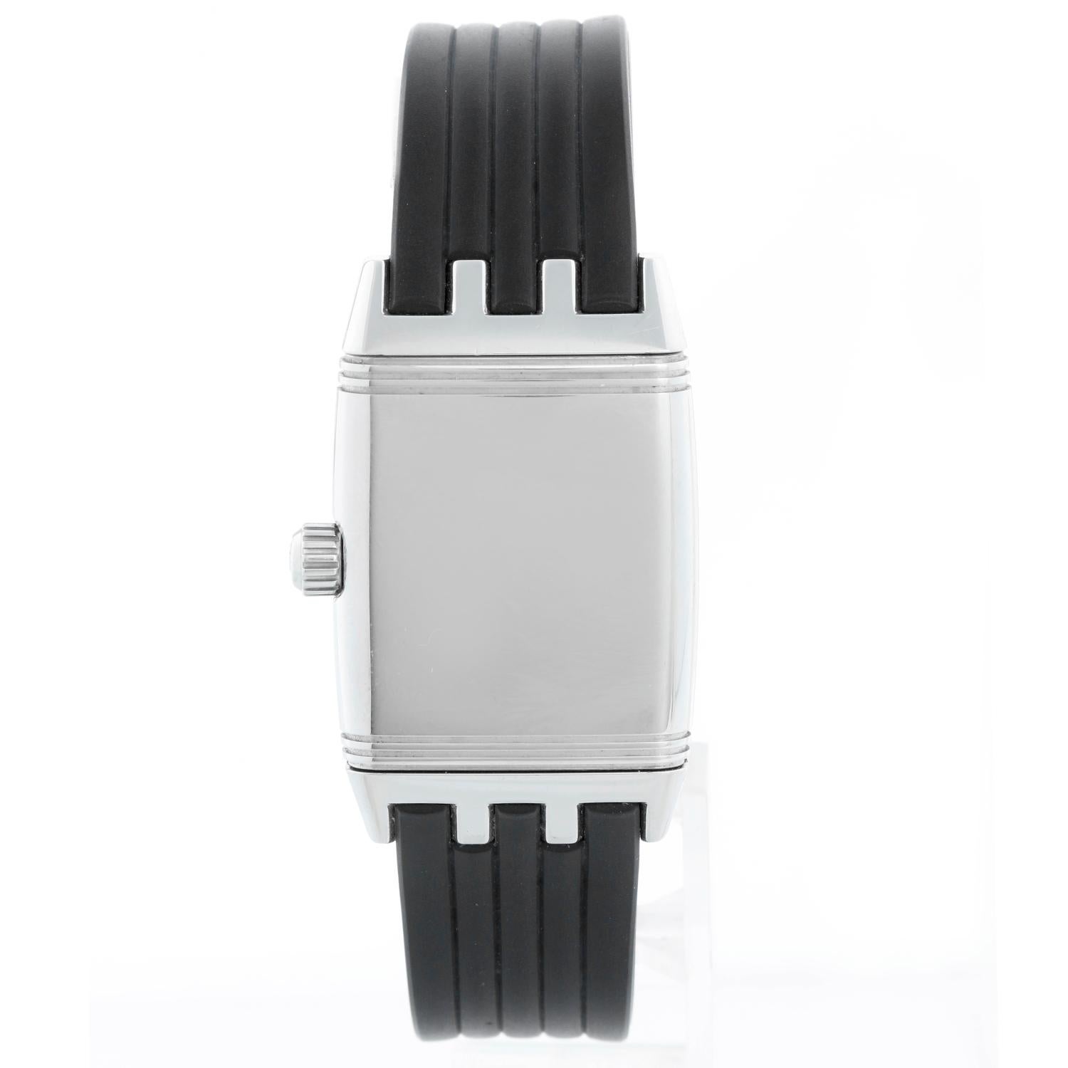 Jaeger-LeCoultre Reverso Gran Sport Men's Stainless Steel Watch 290.8.60 (or 290860) - Automatic winding. Stainless steel case reverses from solid case with monogram to black dial (25mm x 45mm). Black dial with luminous style Arabic 3 & 9; date at 6