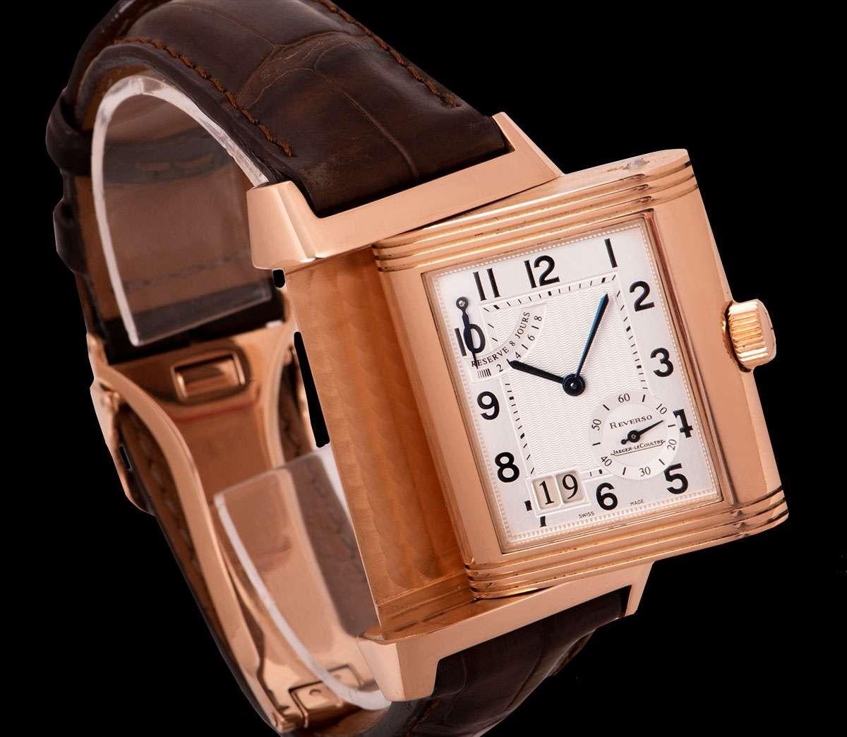 Jaeger LeCoultre Reverso Grande Date 18 Karat Rose Gold Silver Dial B&P 240.2.15 In Excellent Condition In London, GB