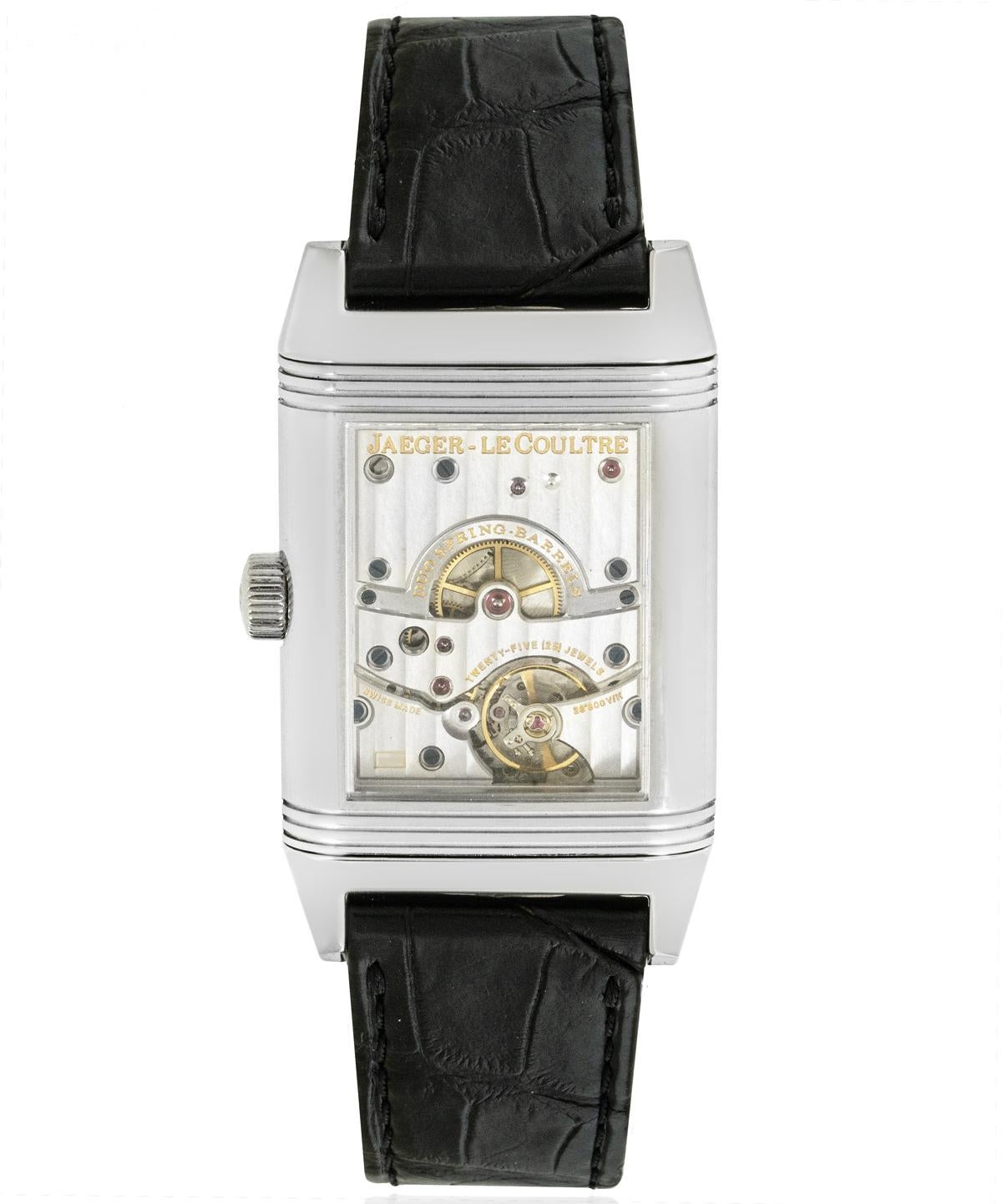 This Jaeger-LeCoultre Reverso Grande Date, reference Q3008420 / 240.8.15, is a distinguished 30mm stainless steel gents wristwatch featuring a silver guilloché dial with Arabic numerals. It includes a small seconds subdial between 4 and 5 o’clock, a