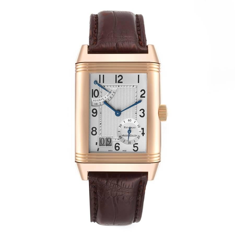 Jaeger LeCoultre Reverso Grande Date Rose Gold Watch 240.2.15 Q3002401 Box Paper. Manual winding movement. Rhodium-plated, 8-day power reserve, twin barrel, straight-line lever escapement, monometallic balance, shock absorber, self-compensating flat