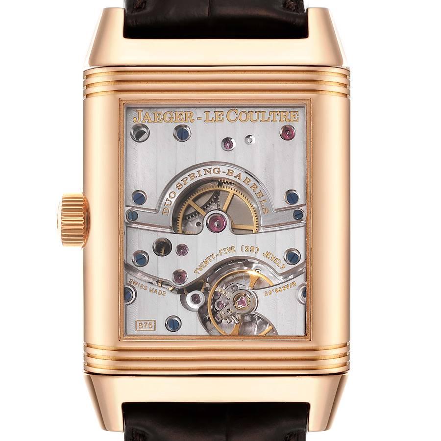 Jaeger LeCoultre Reverso Grande Date Rose Gold Watch 240.2.15 Q3002401. Manual winding movement. Rhodium-plated, 8-day power reserve, twin barrel, straight-line lever escapement, monometallic balance, shock absorber, self-compensating flat balance