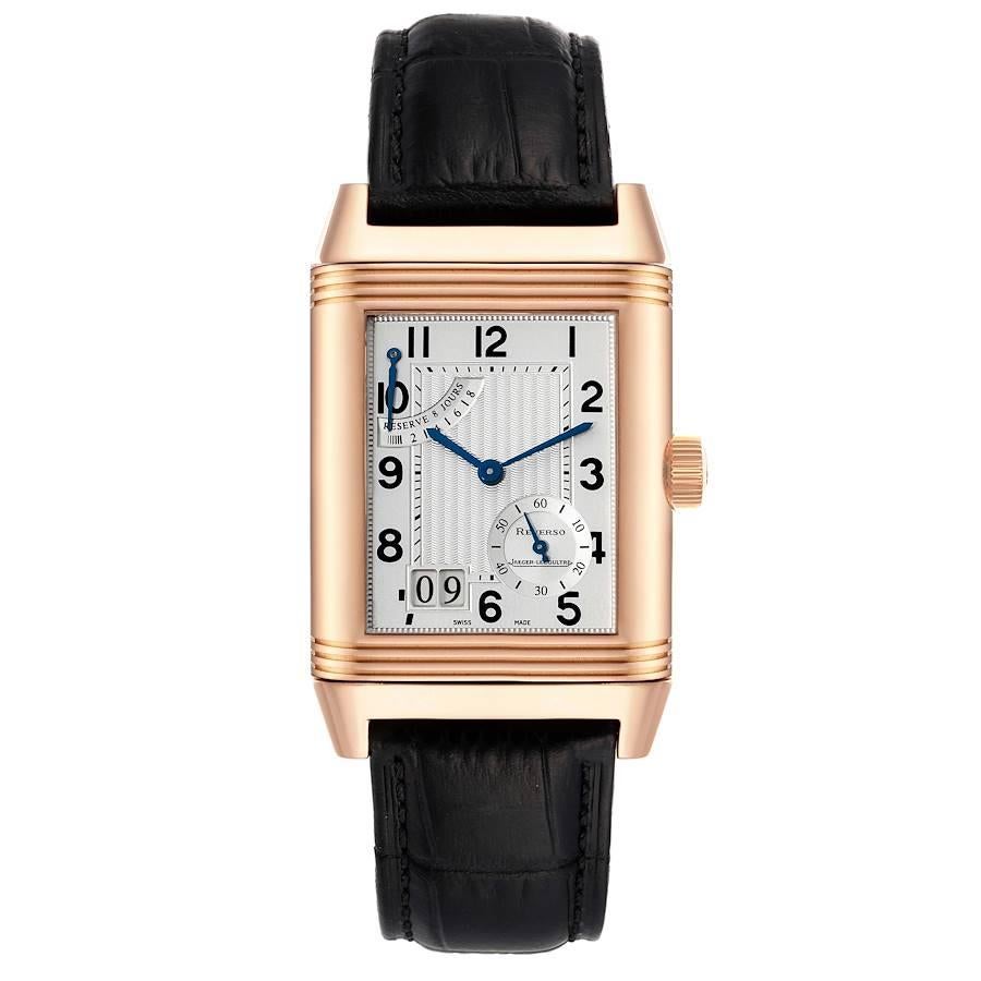 Jaeger LeCoultre Reverso Grande Date Rose Gold Watch 240.2.15 Q3002401. Manual winding movement. Rhodium-plated, 8-day power reserve, twin barrel, straight-line lever escapement, monometallic balance, shock absorber, self-compensating flat balance