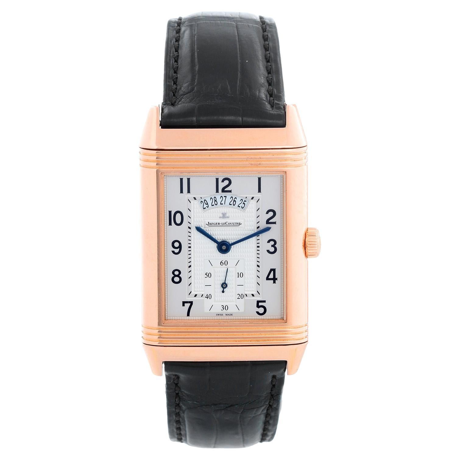 Jaeger LeCoultre Reverso Grande Duo Rose Gold Watch Q3742521 - Manual winding. Roes gold case ( 32mm x 44mm ). Silver dial with fine textured rim and Arabic numerals; Black dial with guilloche texture and white painted Arabic numerals. New black