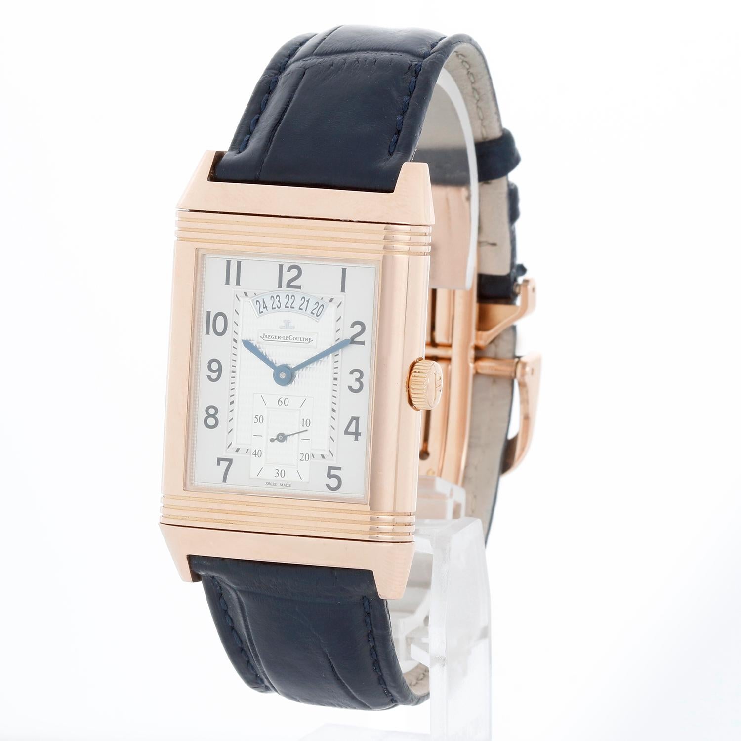 Jaeger LeCoultre Reverso Grande Duo Rose Gold Watch Q3742521 - Manual winding. Rose gold case ( 32mm x 44mm ). Silver dial with fine textured rim and Arabic numerals; Black dial with guilloche texture and white painted Arabic numerals. New JLC black