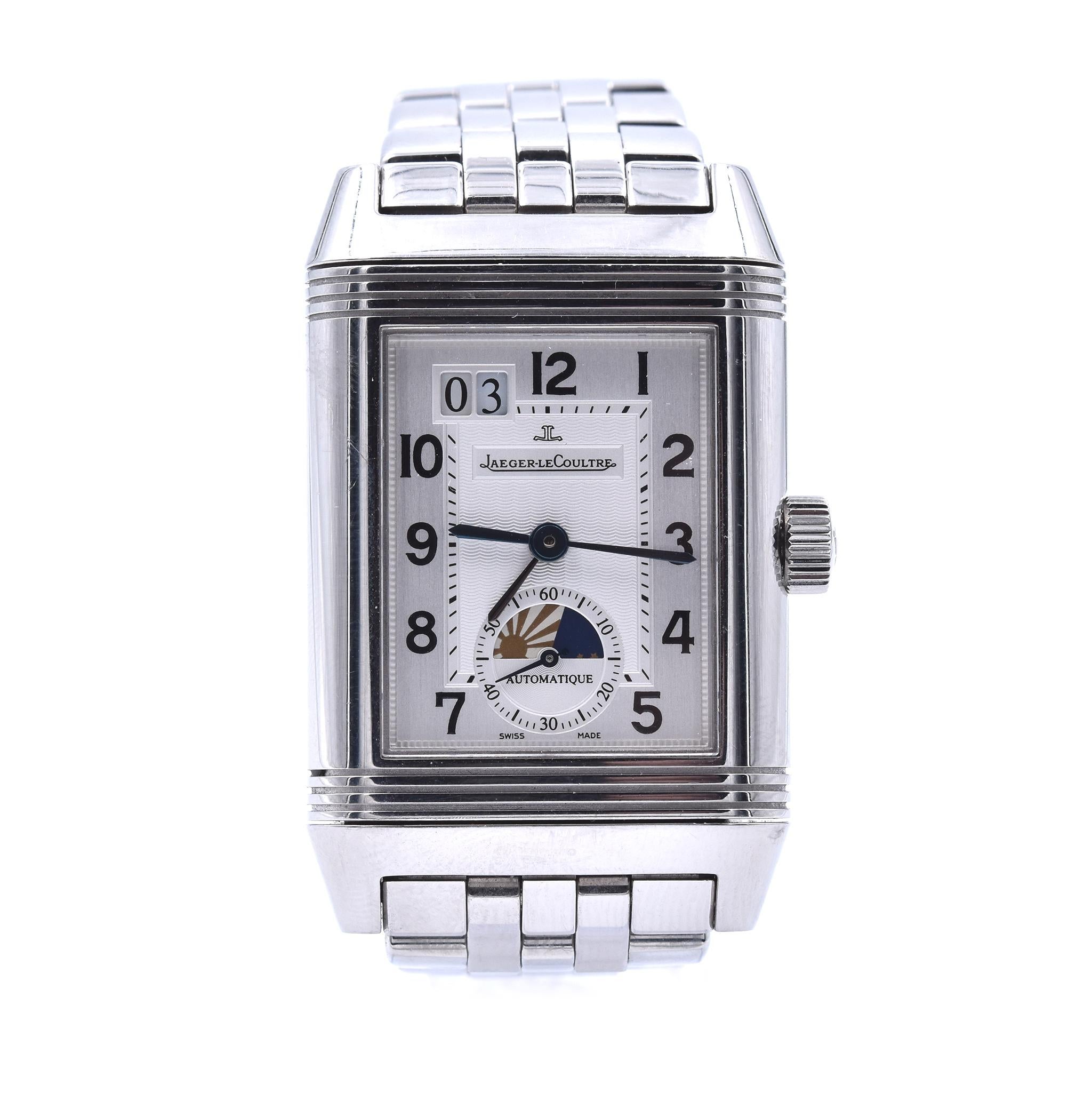 Movement: Automatic Cal JLC 970
Function: hours, minutes, seconds, date at 11 o’clock, day/night indicator
Case: 47x29mm stainless steel rectangular case, sapphire protective crystal, push/pull crown, water resistant to 30m
Dial: silver dial with
