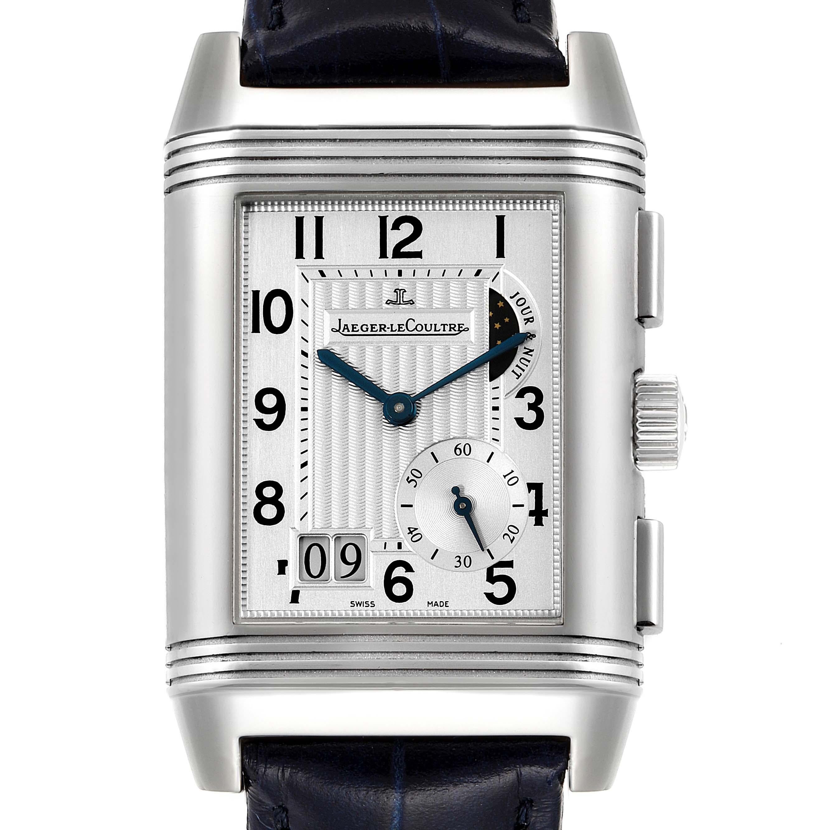Jaeger LeCoultre Reverso Grande GMT Mens Watch 240.8.18 Q3028420. Automatic self-winding movement. Rhodium-plated, twin barrel, 35 jewels, straight line lever escapement, monometallic balance, shock absorber, flat balance-spring. Stainless steel