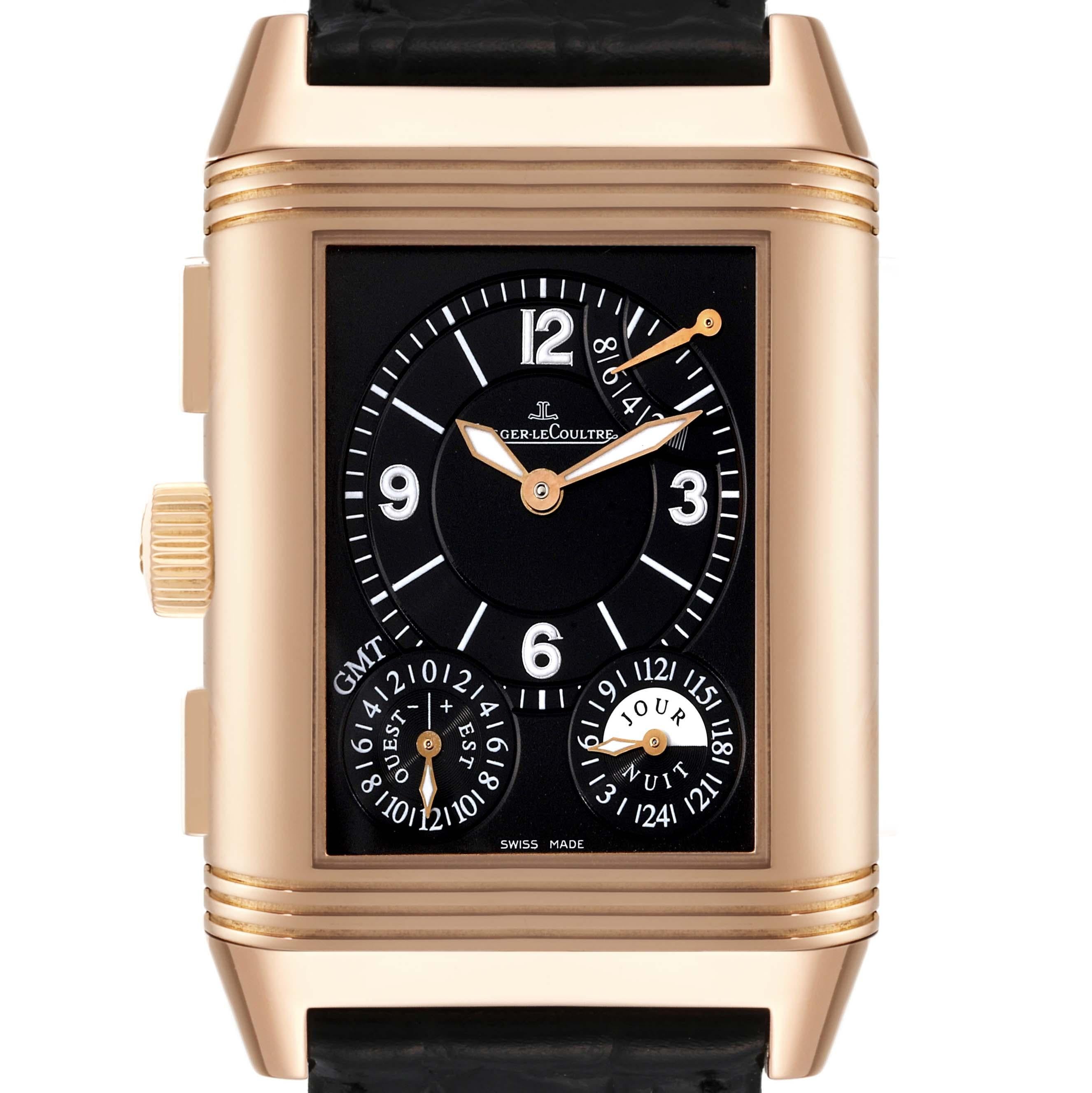 Jaeger LeCoultre Reverso Grande GMT Rose Gold Mens Watch 240.2.18 Q3022420 Card. Manual winding movement. Rhodium-plated, 8-day power reserve, twin barrel, straight-line lever escapement, monometallic balance, shock absorber, self-compensating flat