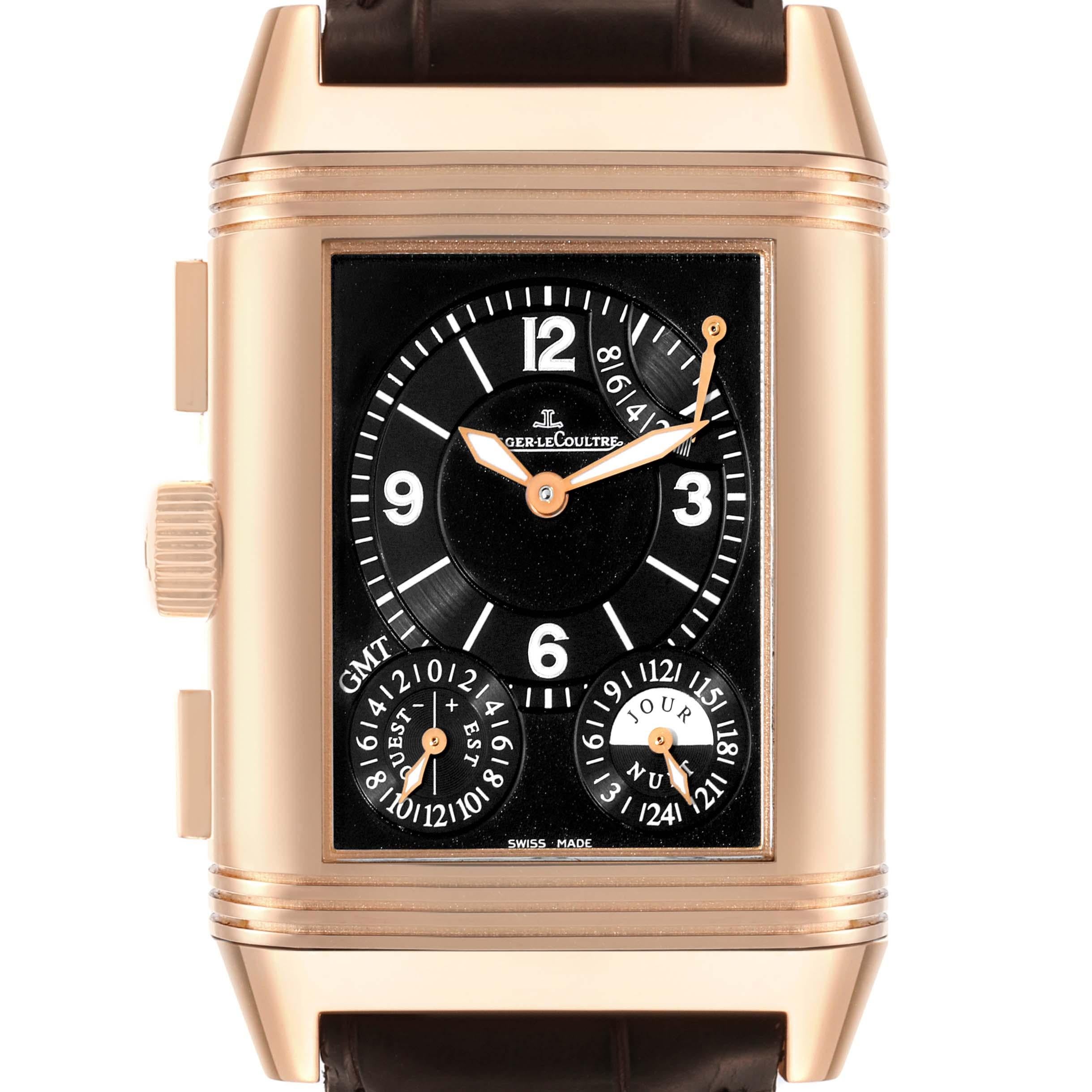 Jaeger LeCoultre Reverso Grande GMT Rose Gold Mens Watch 240.2.18 Q3022420. Manual winding movement. Rhodium-plated, 8-day power reserve, twin barrel, straight-line lever escapement, monometallic balance, shock absorber, self-compensating flat