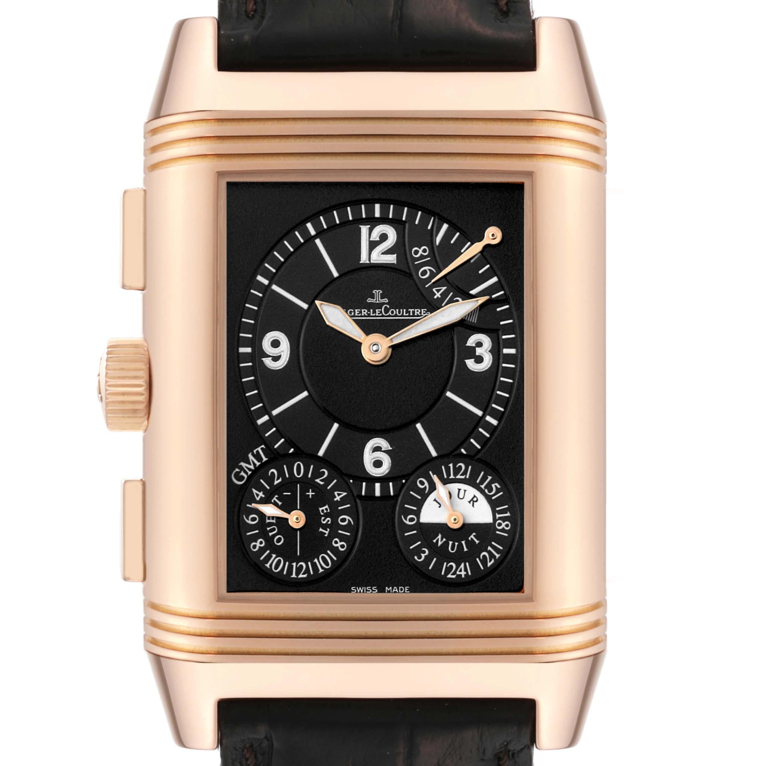 Jaeger LeCoultre Reverso Grande GMT Rose Gold Mens Watch 240.2.18 Q3022420. Manual winding movement. Rhodium-plated, 8-day power reserve, twin barrel, straight-line lever escapement, monometallic balance, shock absorber, self-compensating flat