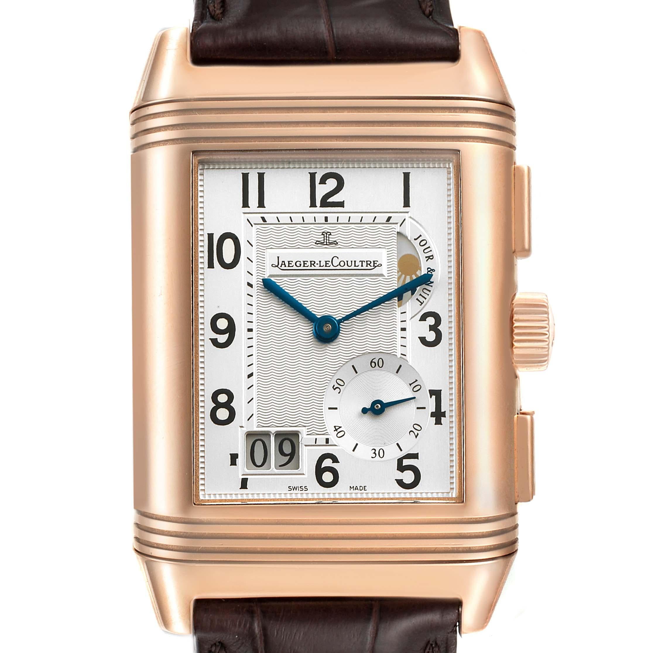Jaeger-LeCoultre Reverso Grande GMT Rose Gold Uhr 240.2.18 Q3022420. Uhrwerk mit Handaufzug. Rhodiniert, 8 Tage Gangreserve, Doppelfederhaus, geradlinige Ankerhemmung, monometallische Unruh, Stoßdämpfer, selbstkompensierende flache Unruhspirale.