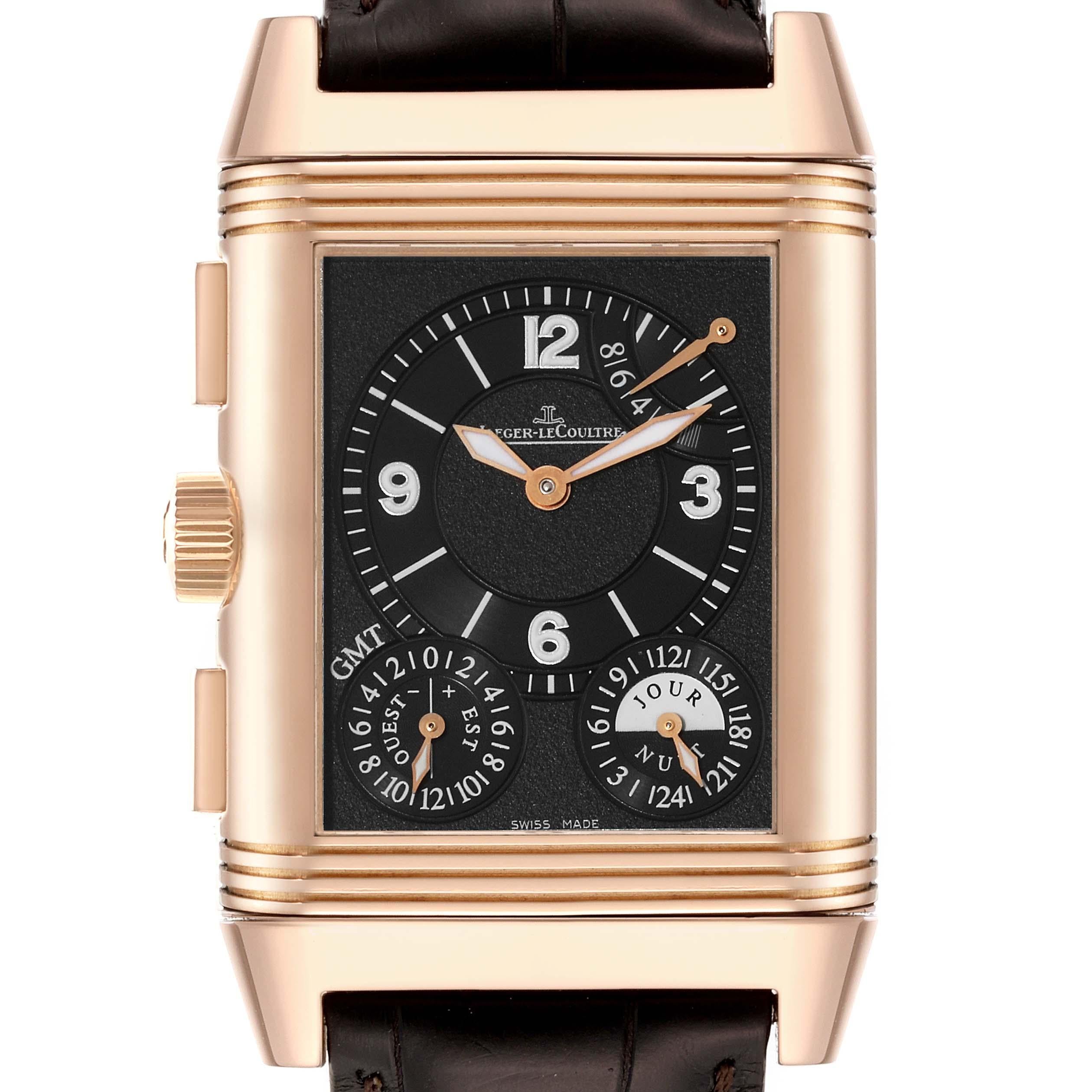 Jaeger LeCoultre Reverso Grande GMT Rose Gold Mens Watch 240.2.18 Q3022420 Papers. Manual winding movement. Rhodium-plated, 8-day power reserve, twin barrel, straight-line lever escapement, monometallic balance, shock absorber, self-compensating