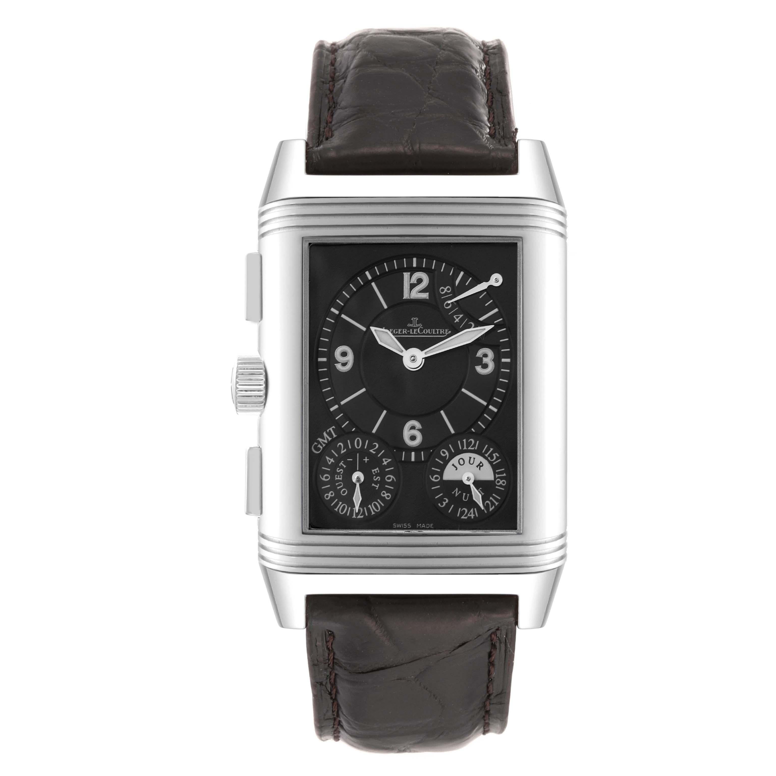 Jaeger LeCoultre Reverso Grande GMT Steel Mens Watch 240.8.18 Q3028420 Papers. Manual winding movement. Stainless steel 47.0 x 29.0 mm rectangular case rotating within its back plate. Stainless steel reeded bezel. Scratch resistant sapphire crystal.