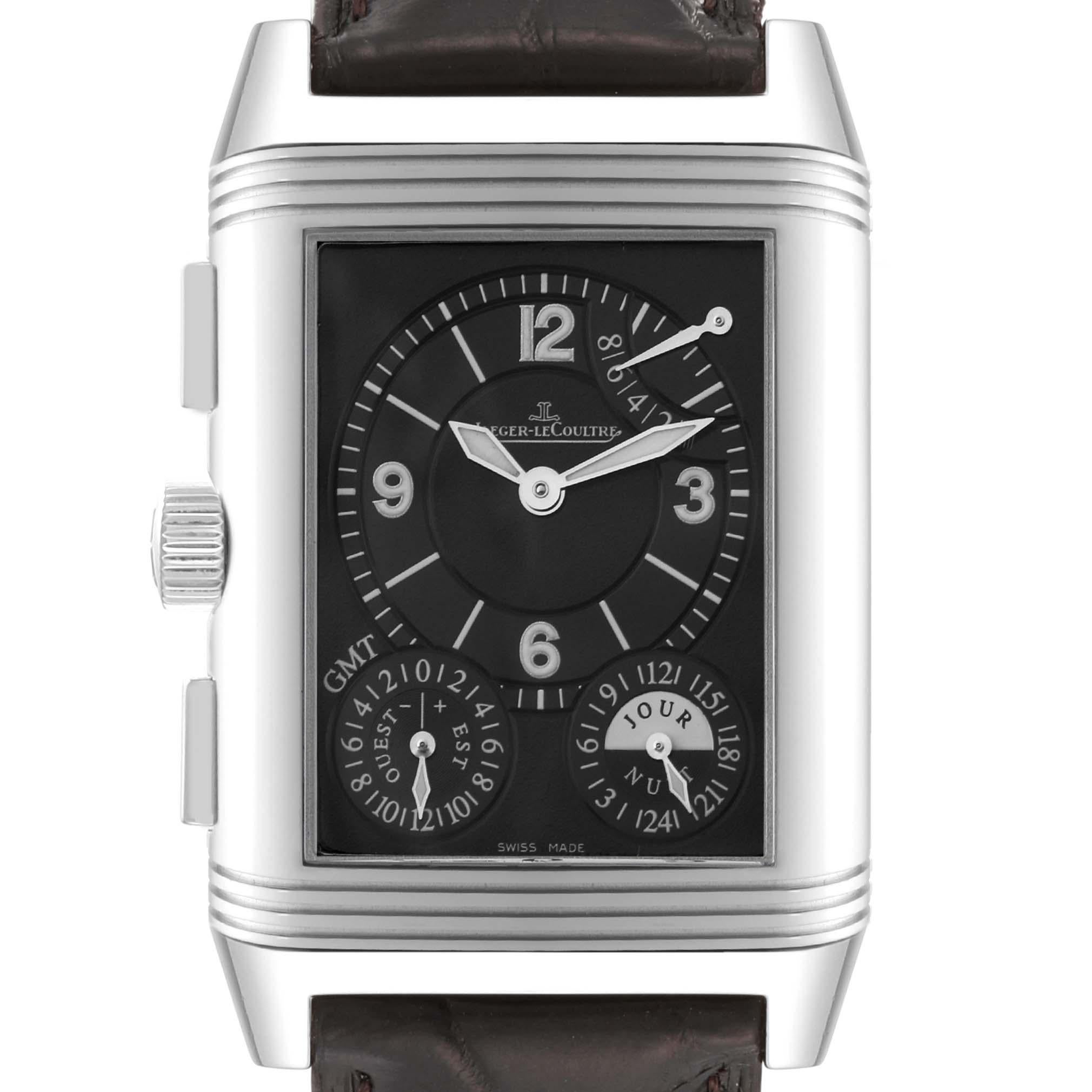 Jaeger LeCoultre Reverso Grande GMT Steel Mens Watch 240.8.18 Q3028420 Papers In Excellent Condition In Atlanta, GA