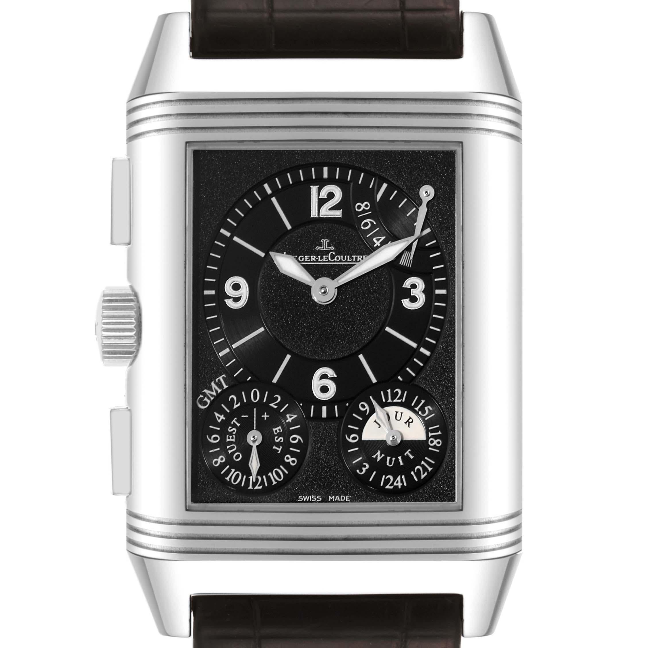 Jaeger LeCoultre Reverso Grande GMT Steel Mens Watch 240.8.18 Q3028420 Box Papers. Manual winding movement. Stainless steel 47.0 x 29.0 mm rectangular case rotating within its back plate. Stainless steel reeded bezel. Scratch resistant sapphire