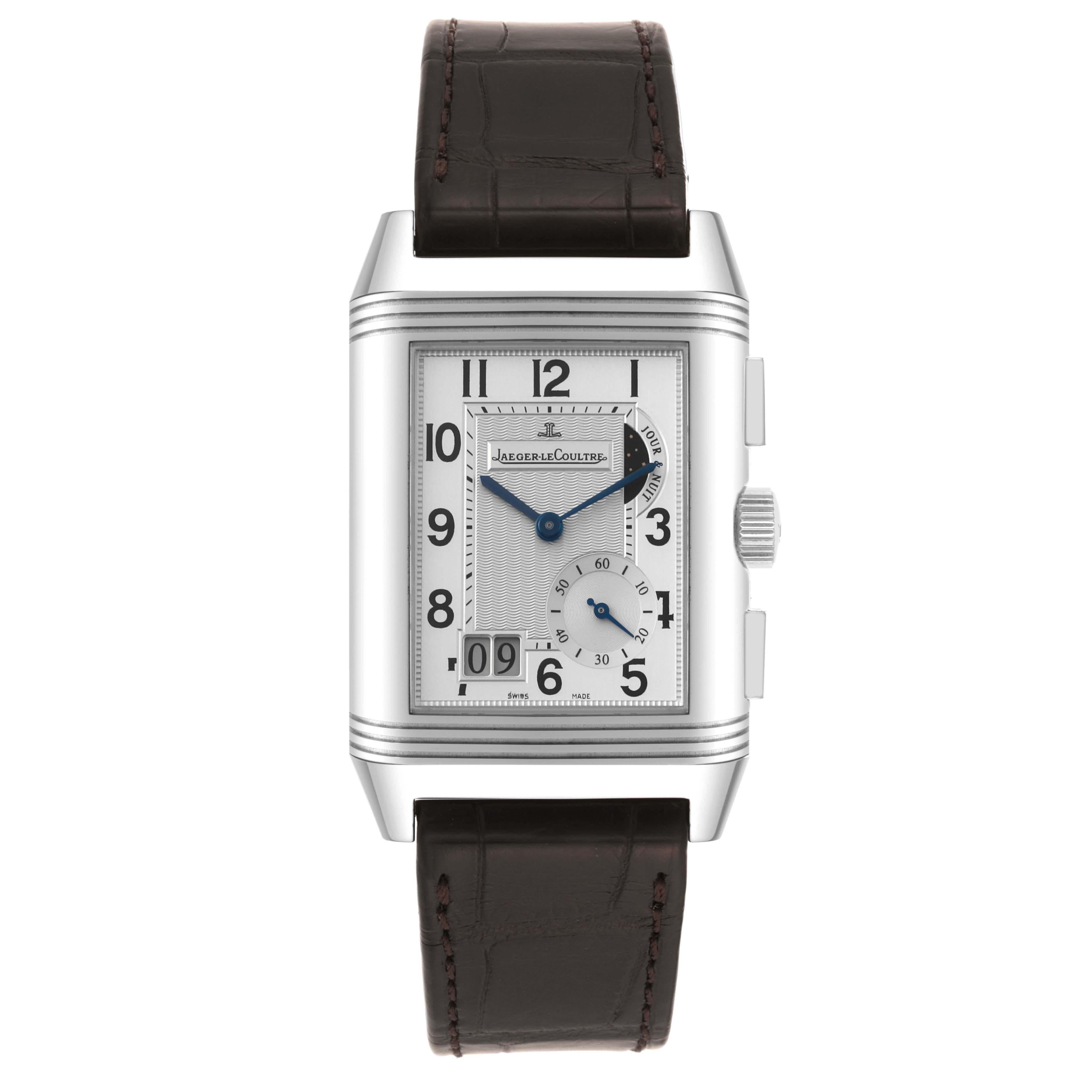 Jaeger LeCoultre Reverso Grande GMT Steel Watch 240.8.18 Q3028420 Box Papers In Excellent Condition For Sale In Atlanta, GA