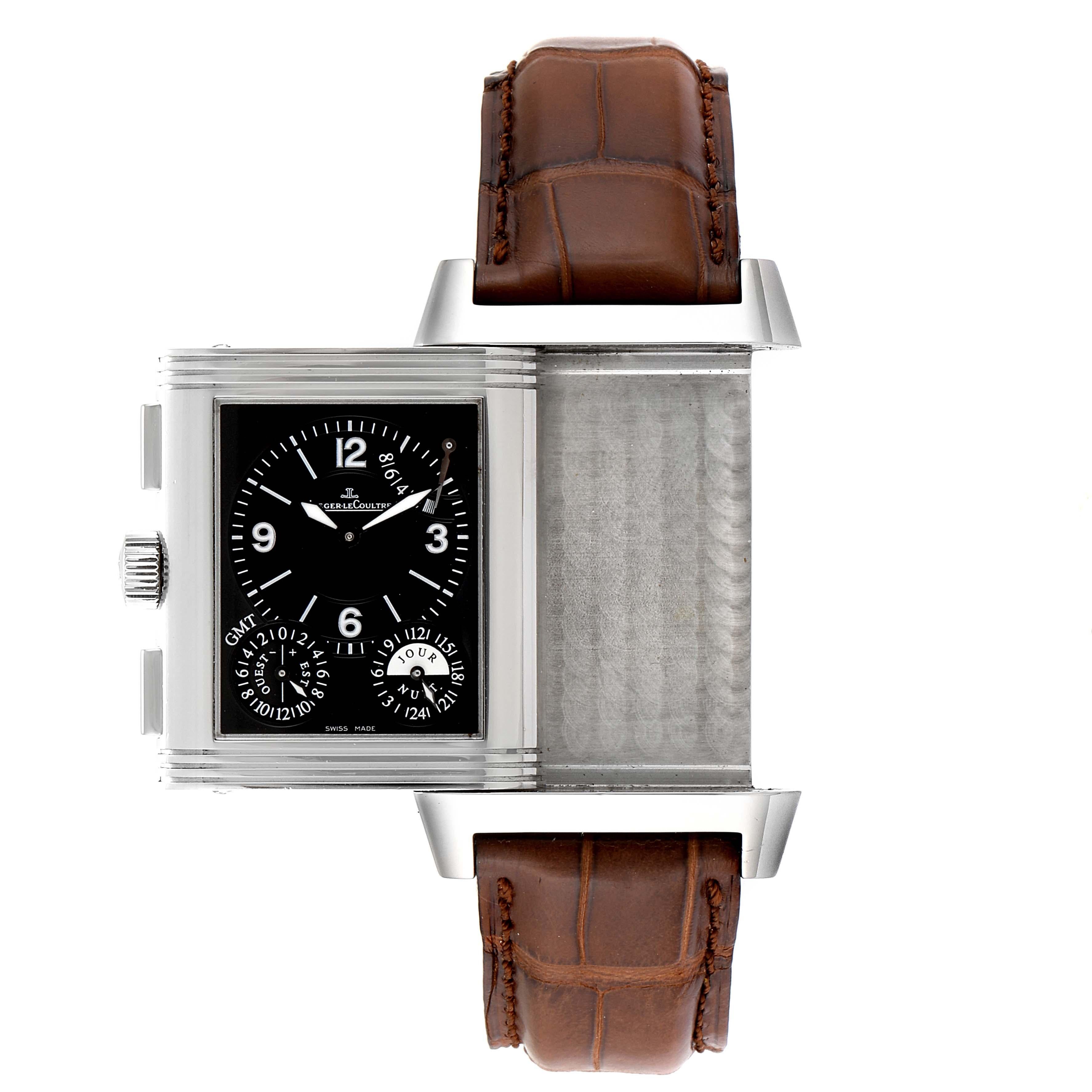 Jaeger-LeCoultre Reverso Grande GMT Watch 240.8.18 Q3028420 Papiers de la boîte. Mouvement automatique à remontage automatique. Rhodié, double barillet, 35 rubis, échappement à ancre droit, balancier monométallique, amortisseur, spiral plat. Boîtier