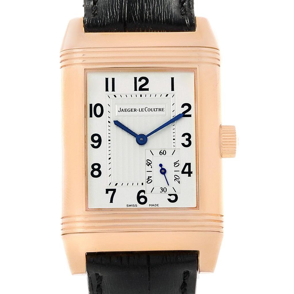 Jaeger LeCoultre Reverso Grande Reserve Rose Gold Watch 301.24.20. 18K rose gold 46.0 x 29.0 mm case rectangular rotating case. Window displaying a jumping power reserve indicator on case back. Manual winding movement. Scratch resistant sapphire