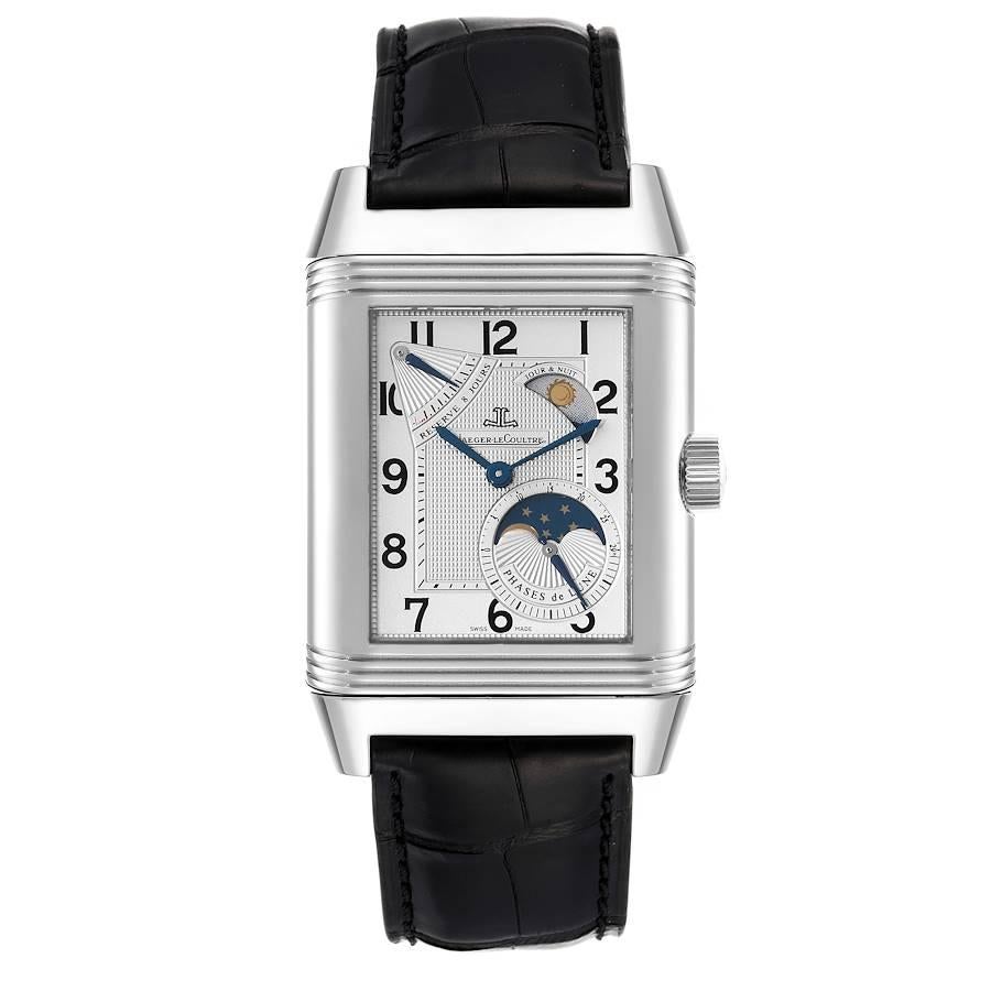 Jaeger-LeCoultre Reverso Grande Sun Moon Herrenuhr 240.8.27 Q3048420. Handaufzugswerk mit 8 Tagen Gangreserve. Rechteckiges Drehgehäuse aus Edelstahl 47,0 x 29,0 mm. Innerer transparenter Gehäuseboden. Riffelblechlünette aus Edelstahl. Kratzfestes