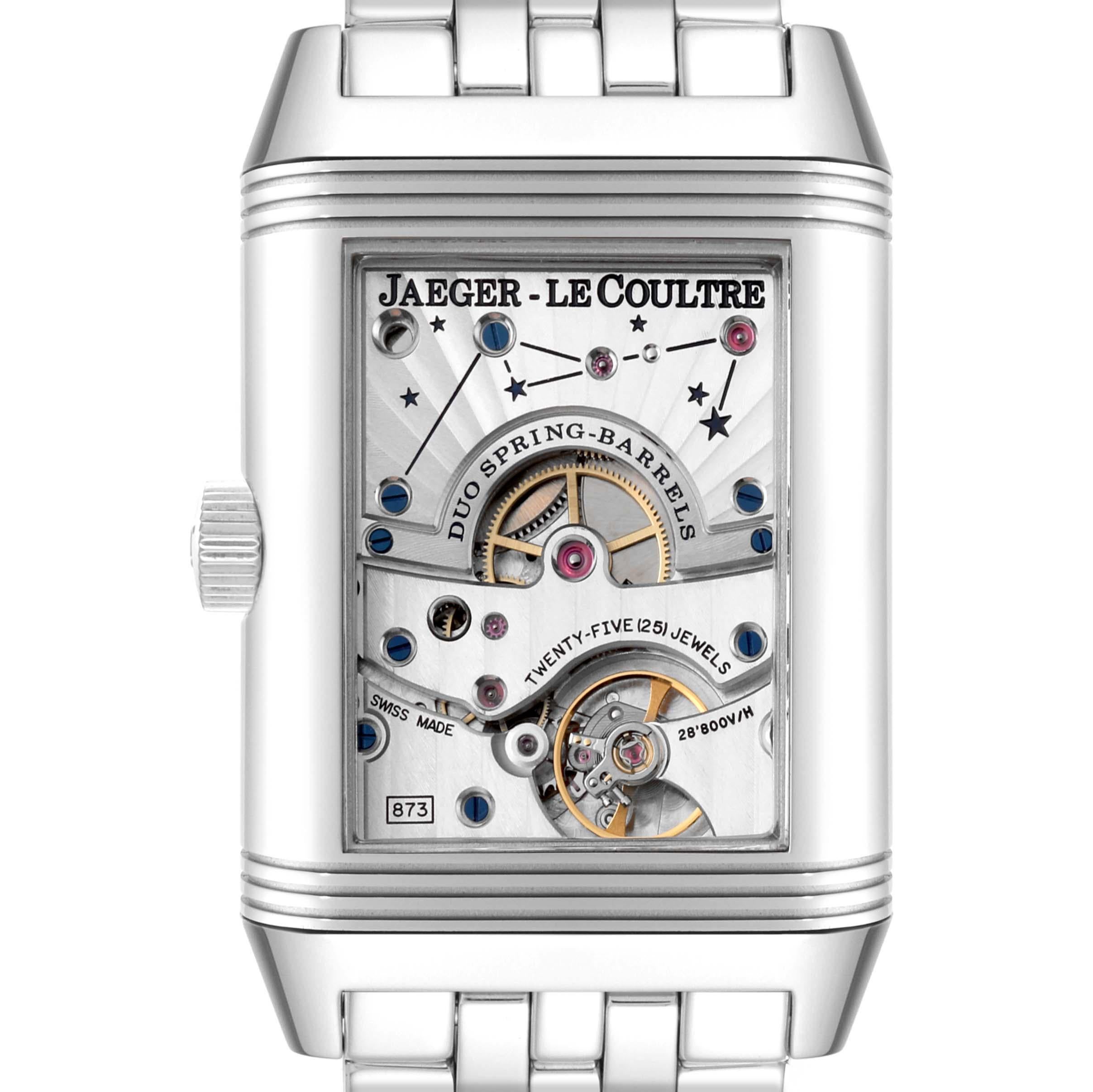 Jaeger LeCoultre Reverso Grande Sun Moon Steel Mens Watch 240.8.27 Q3048120. Manual winding movement with 8 day power reserve. Stainless steel 46.0 x 29.0 mm rectangular rotating case. Inner transparent exhibition sapphire crystal caseback.