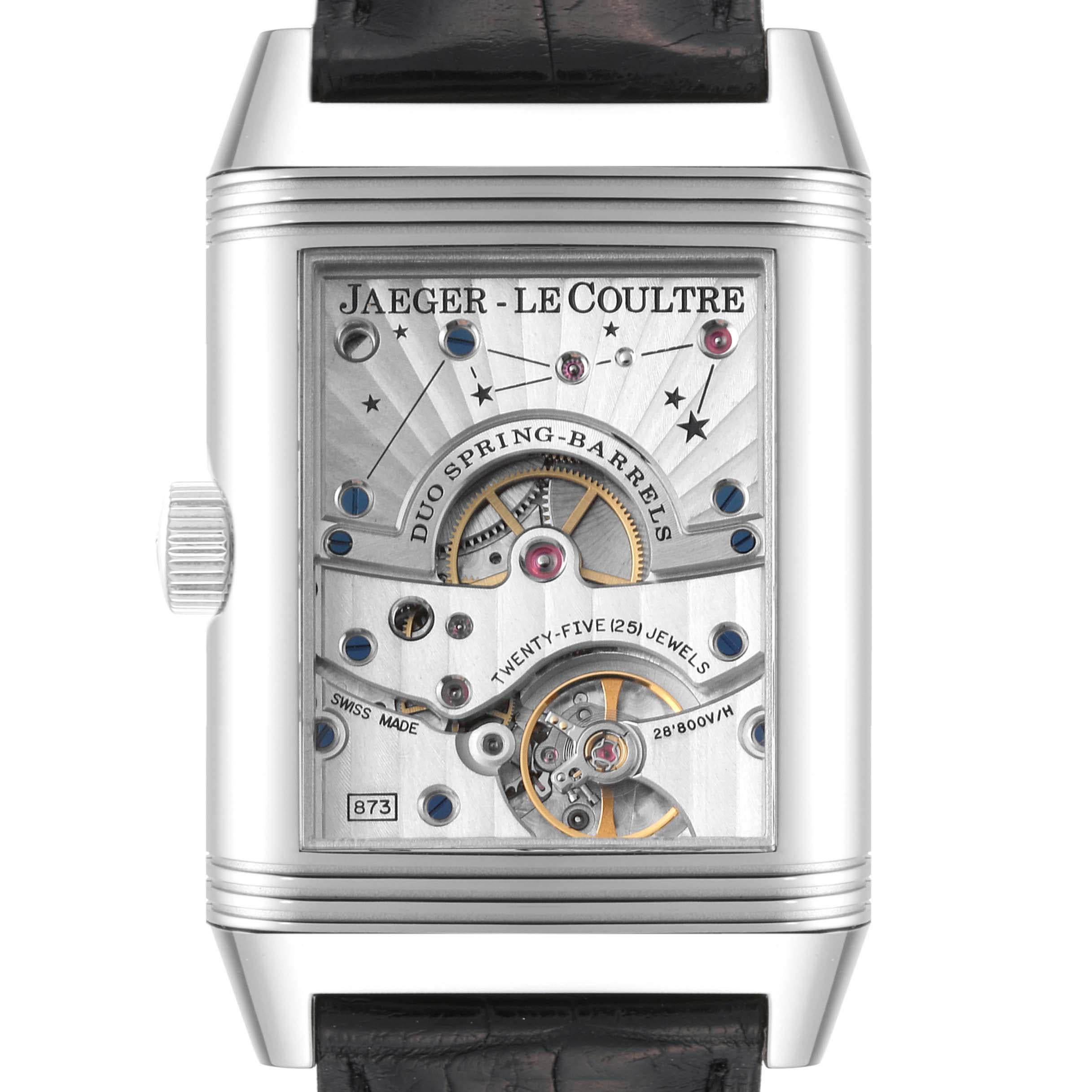 Jaeger LeCoultre Reverso Grande Sun Moon Steel Mens Watch 240.8.27 Q3048420. Manual winding movement with 8 day power reserve. Stainless steel 47.0 x 29.0 mm rectangular rotating case. Inner transparent exhibition sapphire crystal caseback.