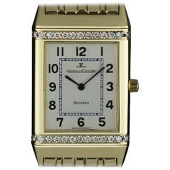 Jaeger LeCoultre Reverso Mid-Size Yellow Gold Silver Dial Diamond Set B&P