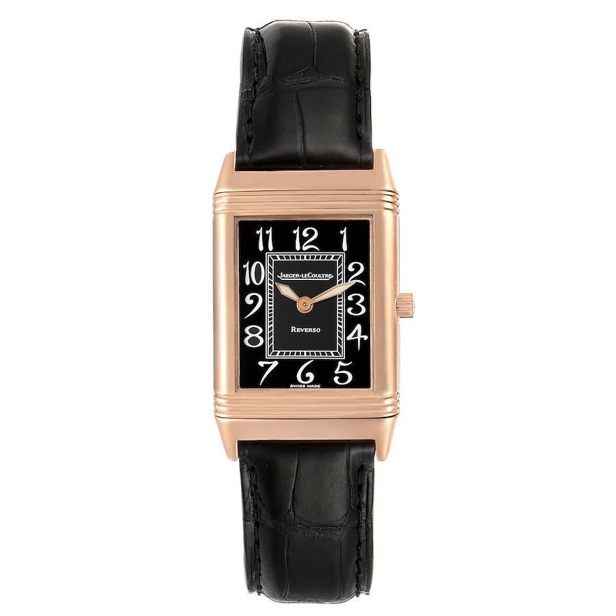 Jaeger LeCoultre Reverso Midsize Rose Gold Mens Watch 250.2.86. Manual winding movement. 18K rose gold 33.0 x 23.0 mm case rectangular case with reeded ends rotating within its back plate. 18K rose gold bezel. Scratch resistant sapphire crystal.
