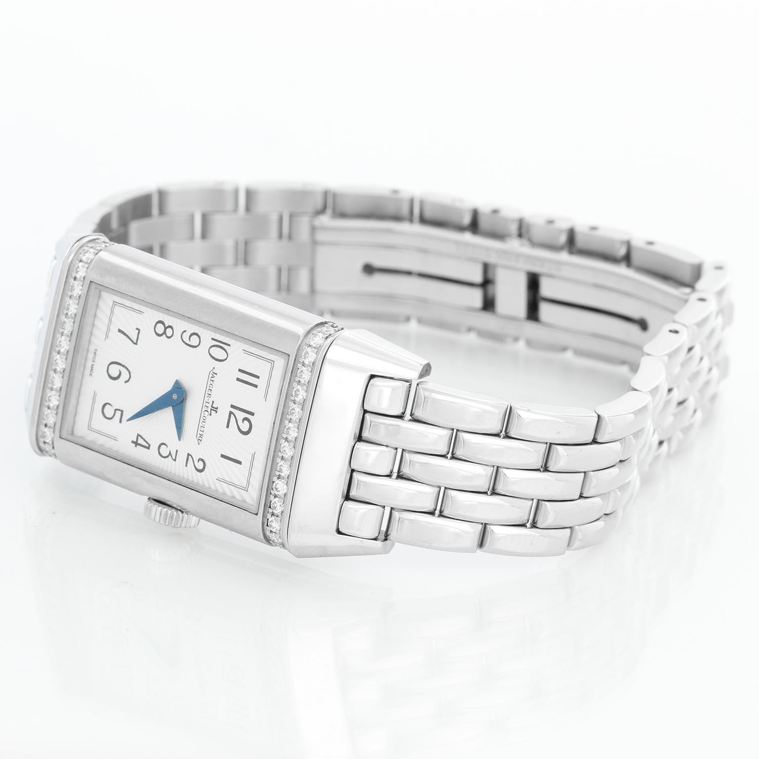 Jaeger LeCoultre Reverso One Duetto Ladies Watch Ref. Q3348120 - Manual winding . Stainless steel  with diamonds ( 20 x 40 mm ). Silver Gray with Arabic numerals; Blue dial with stars. Jaeger Le-Coultre Stainless steel bracelet. Pre-owned with