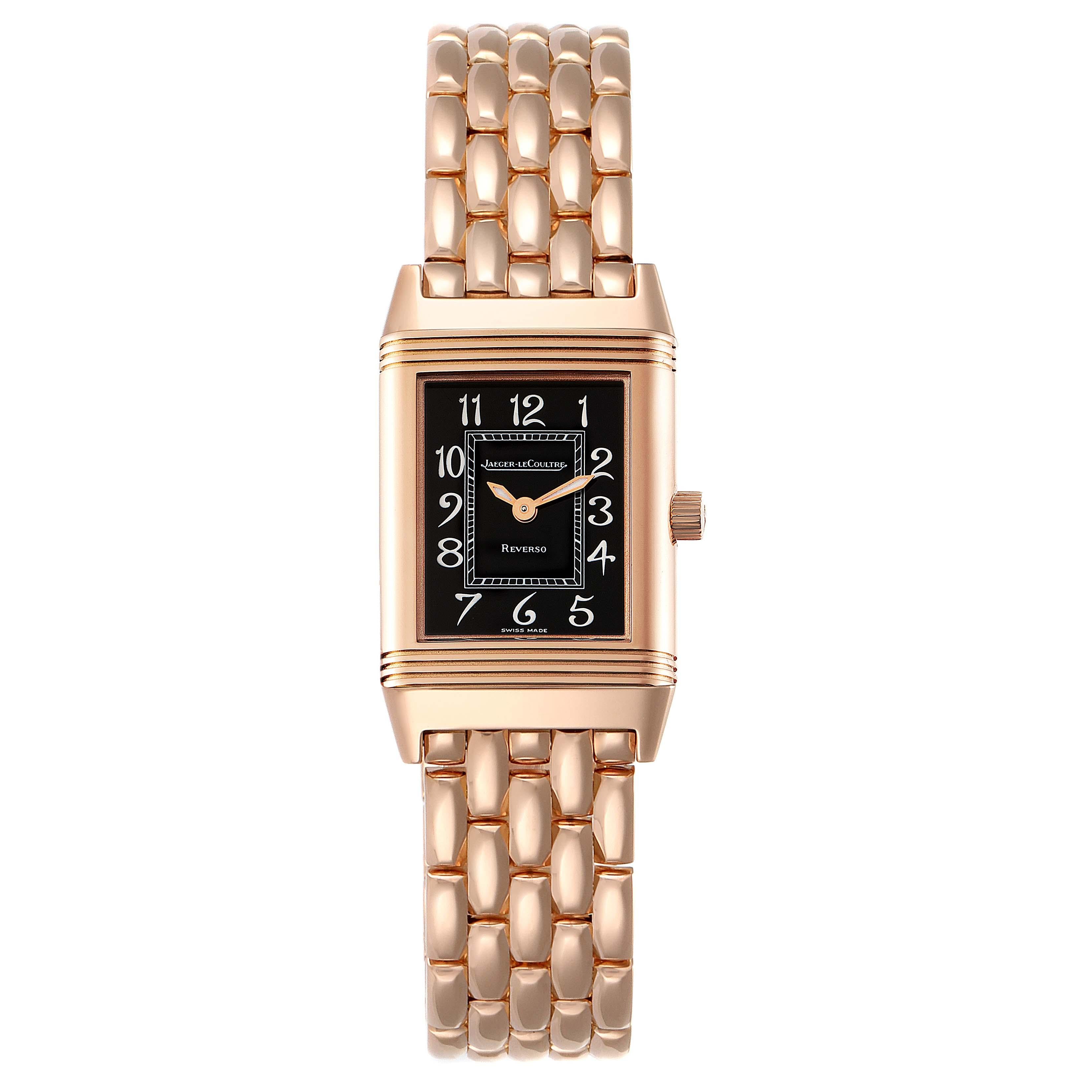Jaeger LeCoultre Reverso Rose Gold Ladies Watch 260.2.86 Box Papers. Manual winding movement. 18K rose gold 33.0 x 19.0 mm case rectangular case with reeded ends rotating within its back plate. 18K rose gold bezel. Scratch resistant sapphire