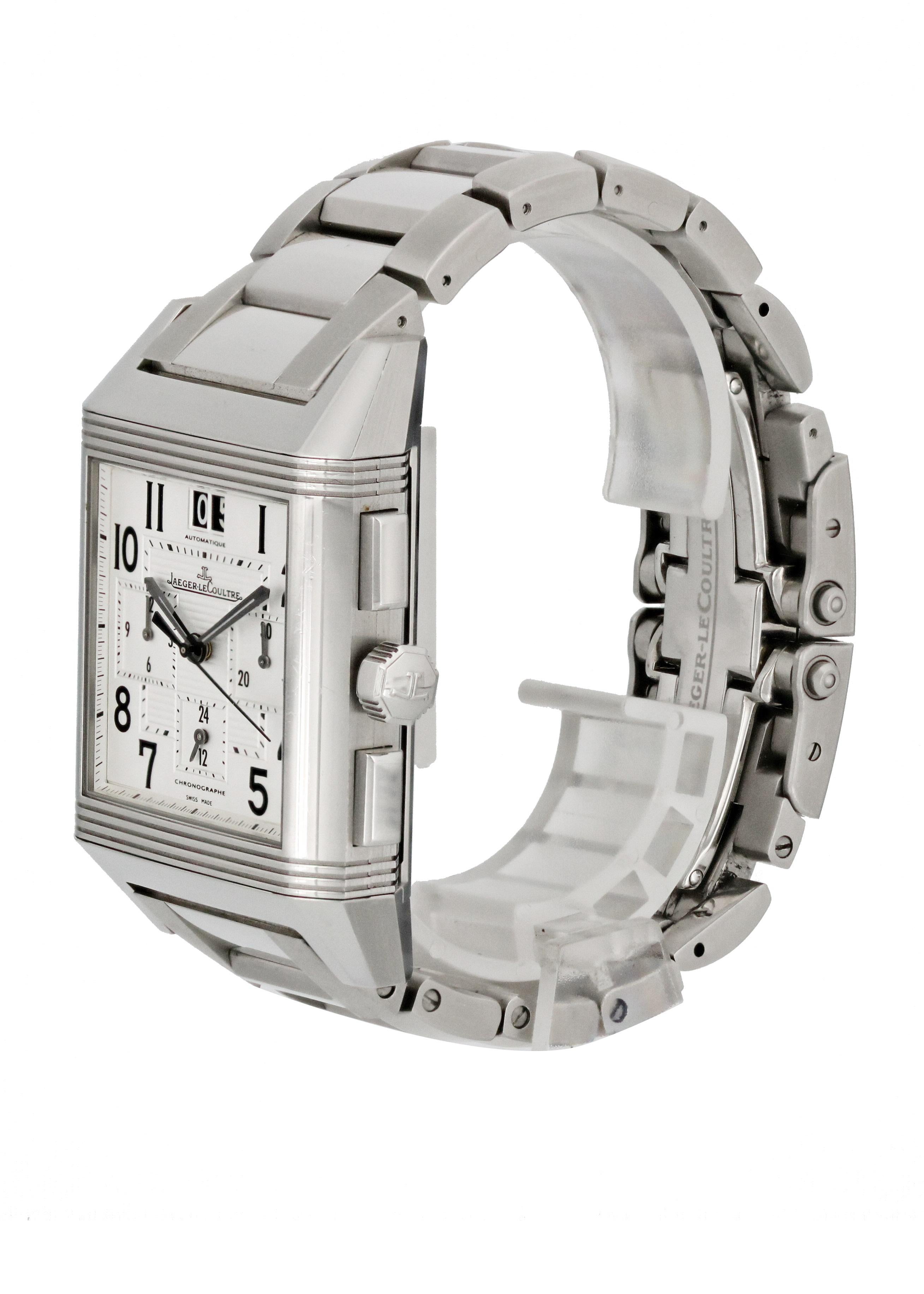 Jaeger LeCoultre Reverso Squadra 230.8.45 GMT Men Watch.34mm Stainless Steel case. Stainless Steel Stationary bezel. Silver dial with Luminous Steel hands and Arabic numeral hour markers. Minute markers on the inner dial. Date display at the 12