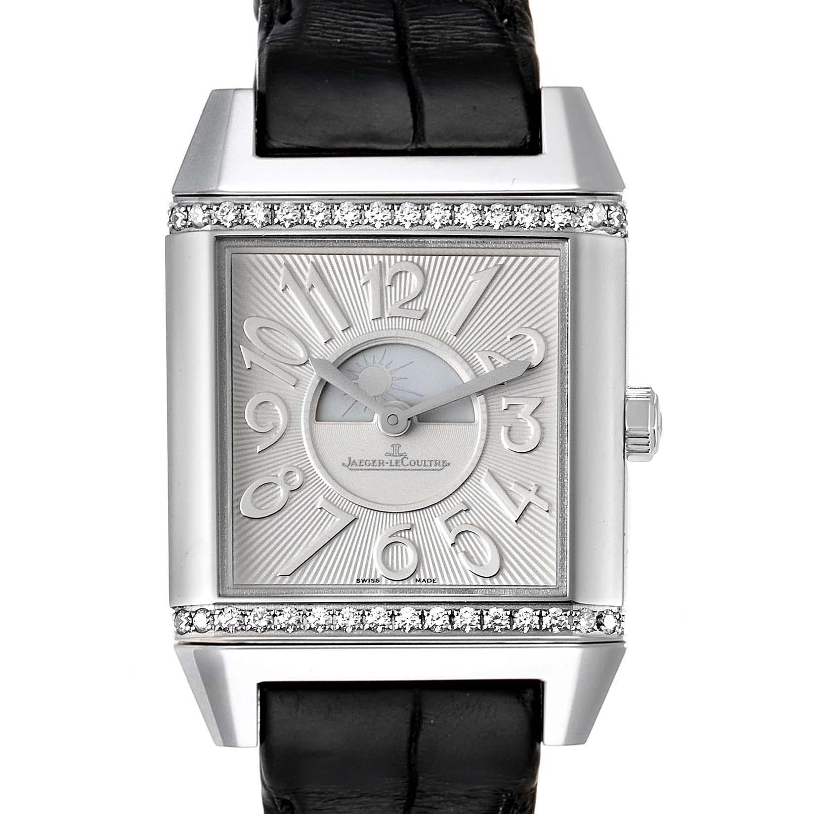 Jaeger LeCoultre Reverso Squadra Duetto Diamond Ladies Watch 235.8.76 Q7058430. Automatic self-winding movement. Stainless steel 42 mm x 28.8 mm mm rectangular case with reeded ends, rotating within its back plate. Stainless steel factory JLC