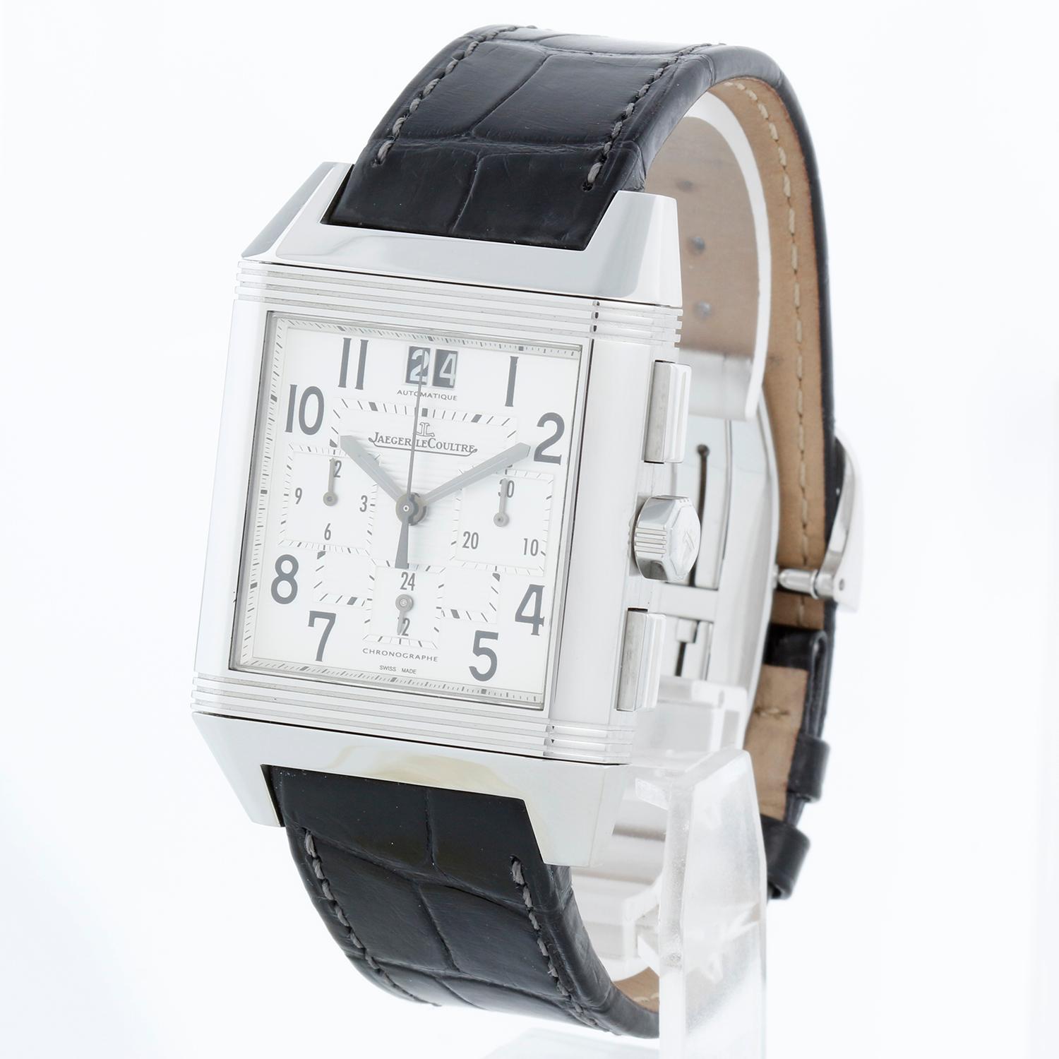 Jaeger-LeCoultre Reverso Squadra GMT Chronograph Watch 701.86.20 - Automatic; Chronograph. Stainless Steel Case with transparent case back  ( 35 x 41 mm ). Silver dial with luminous  hands and Arabic hour markers;  three sub-dials displaying: 12