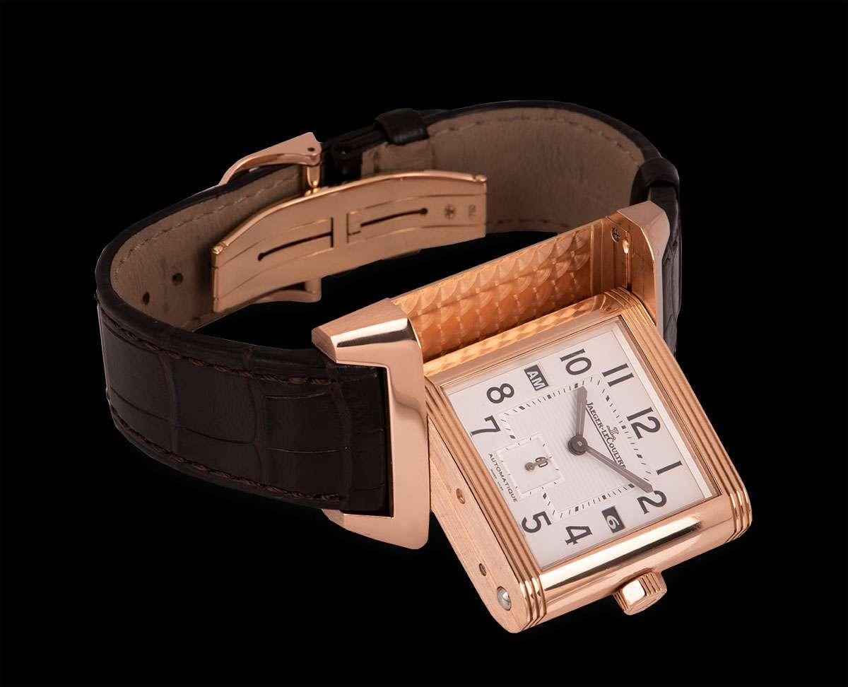 Jaeger-LeCoultre Reverso Squadra Hometime 18k Rose Gold Silver Dial B&P 230.2.77 In Excellent Condition In London, GB