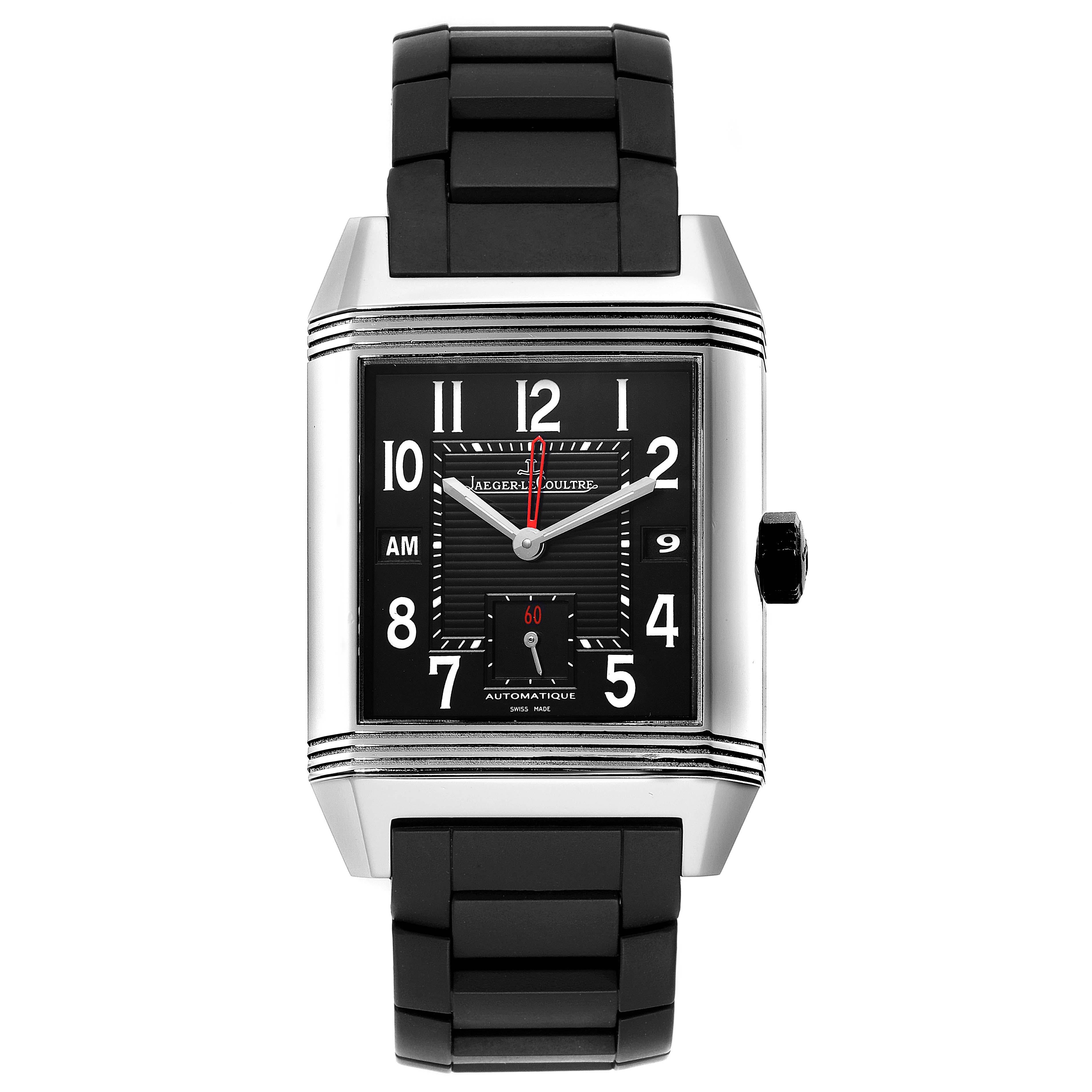 Jaeger LeCoultre Reverso Squadra Hometime Mens Watch 230.8.77 Q700867P. Automatic self-winding GMT movement. Stainless steel 35mm x 50mm rectangular case with reeded ends, rotating within its back plate. Thickness: 13mm. Exhibiton sapphire crystal